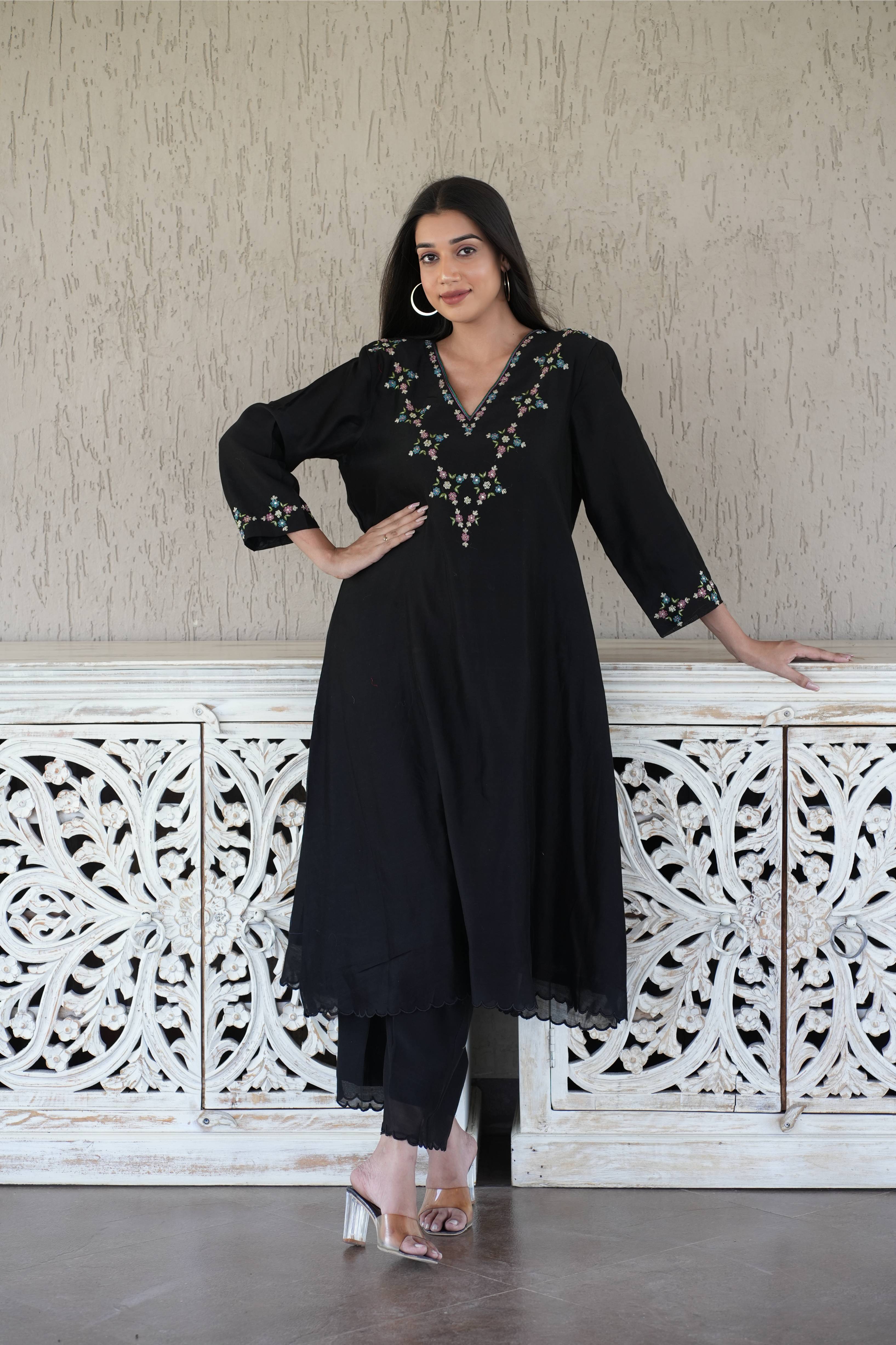 Black V neck Embroidered Chanderi Silk Kurta And Pant