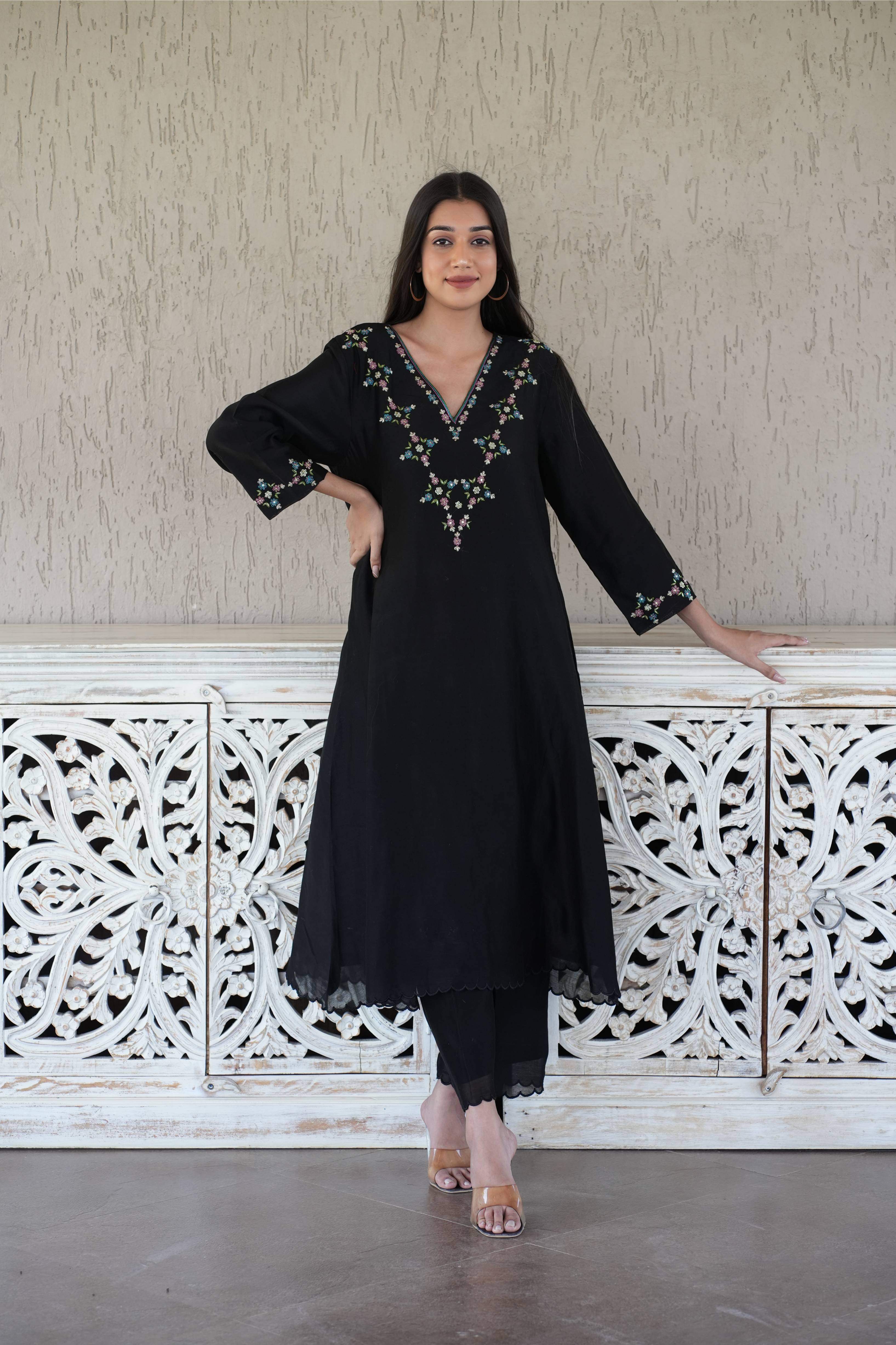 Black V neck Embroidered Chanderi Silk Kurta And Pant