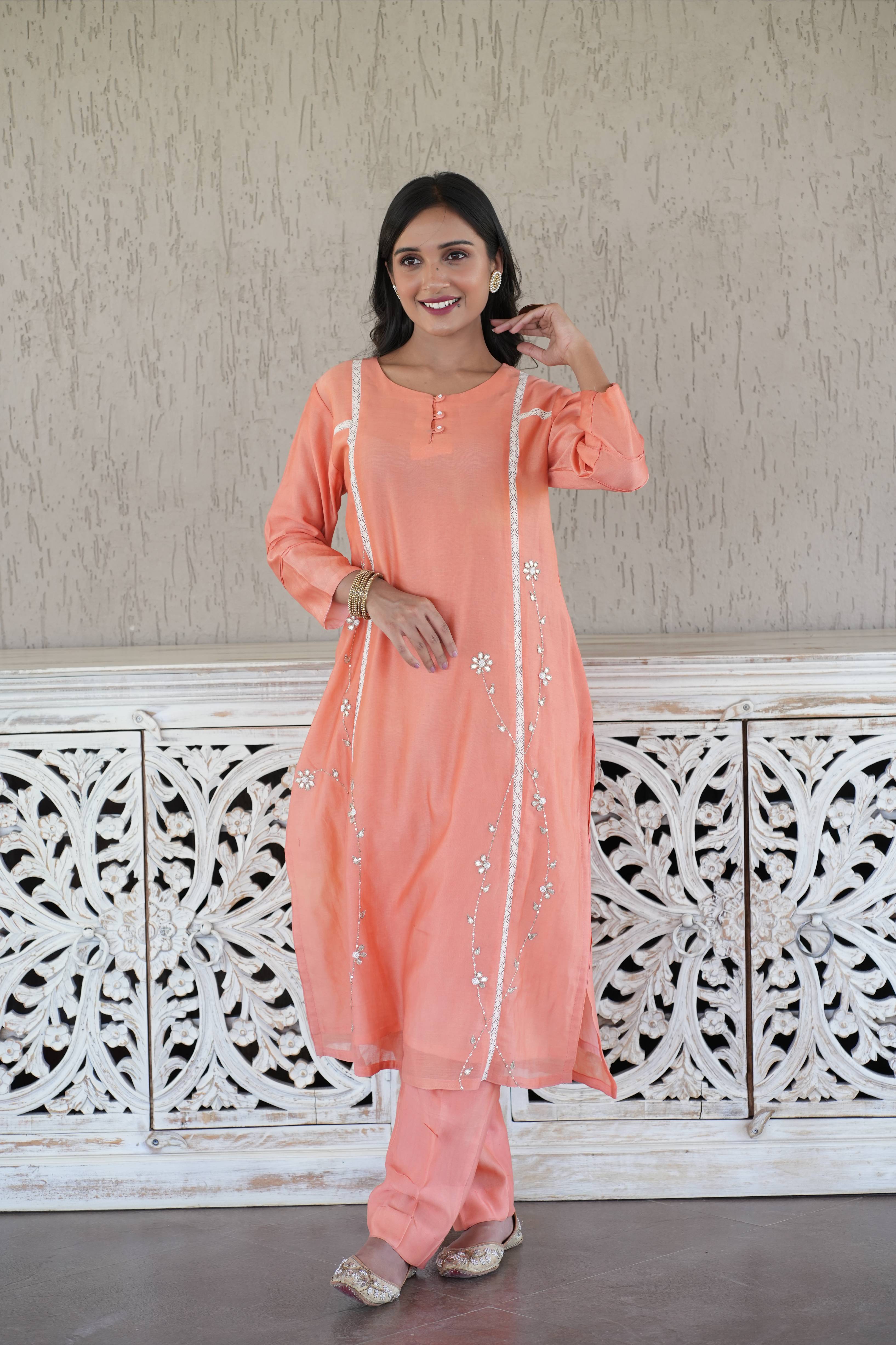 Peach Chanderi Lace Work Gotta Patti Kurta And Pant