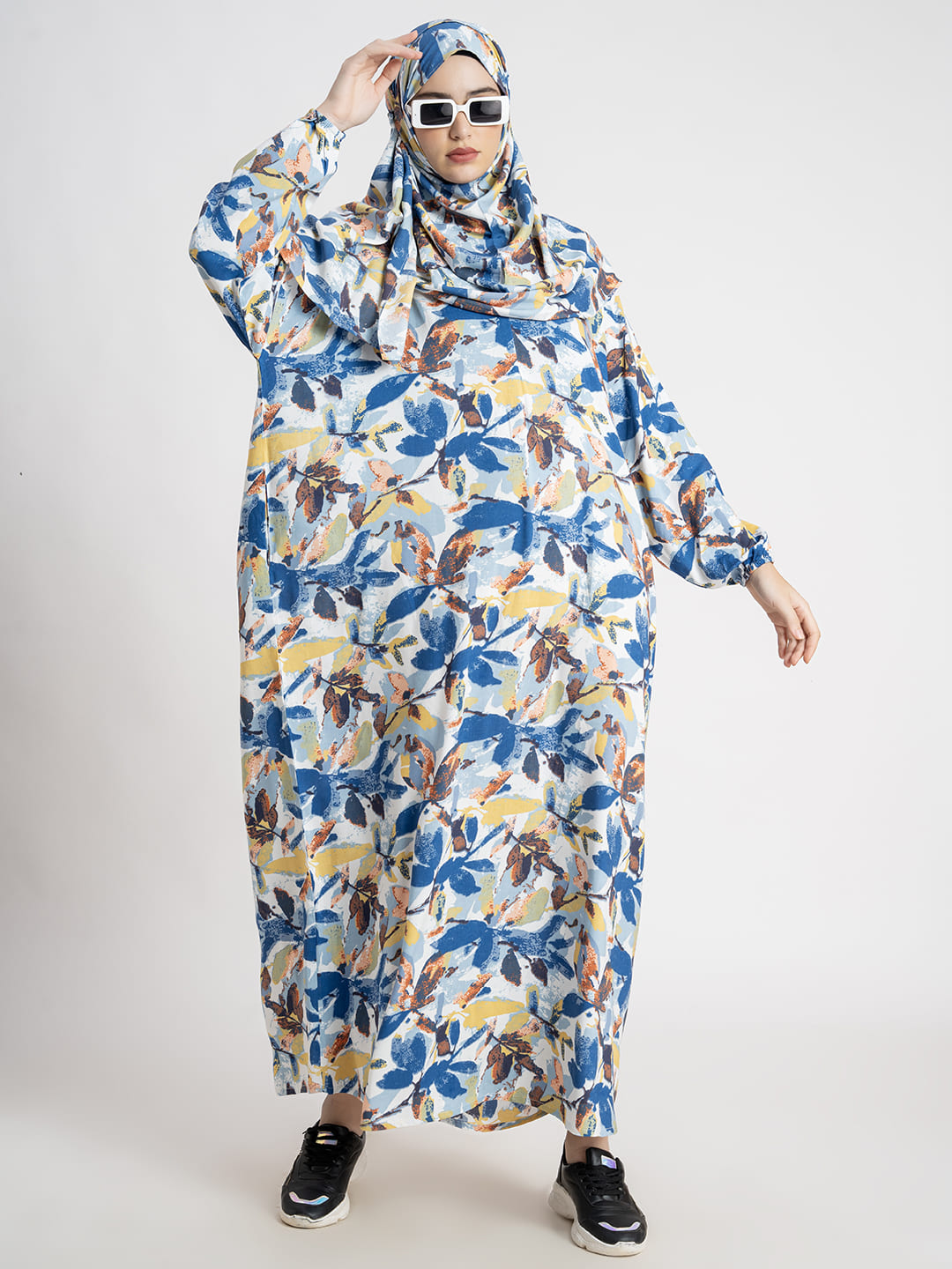 Chic Leaf Print Prayer Gown Blue