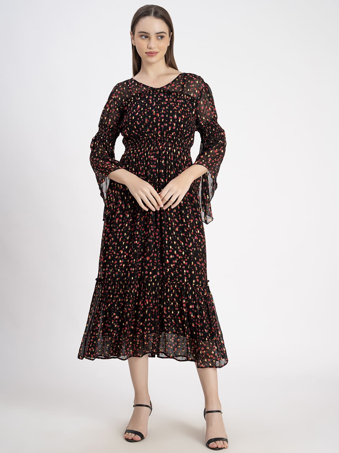 Chic Printed Layered Cotton Dress Black