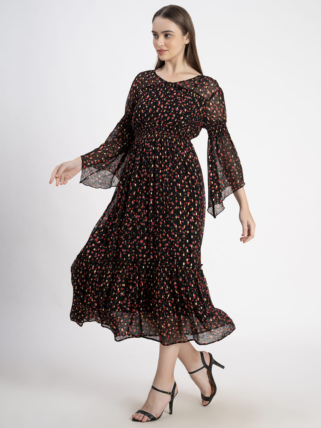 Chic Printed Layered Cotton Dress Black