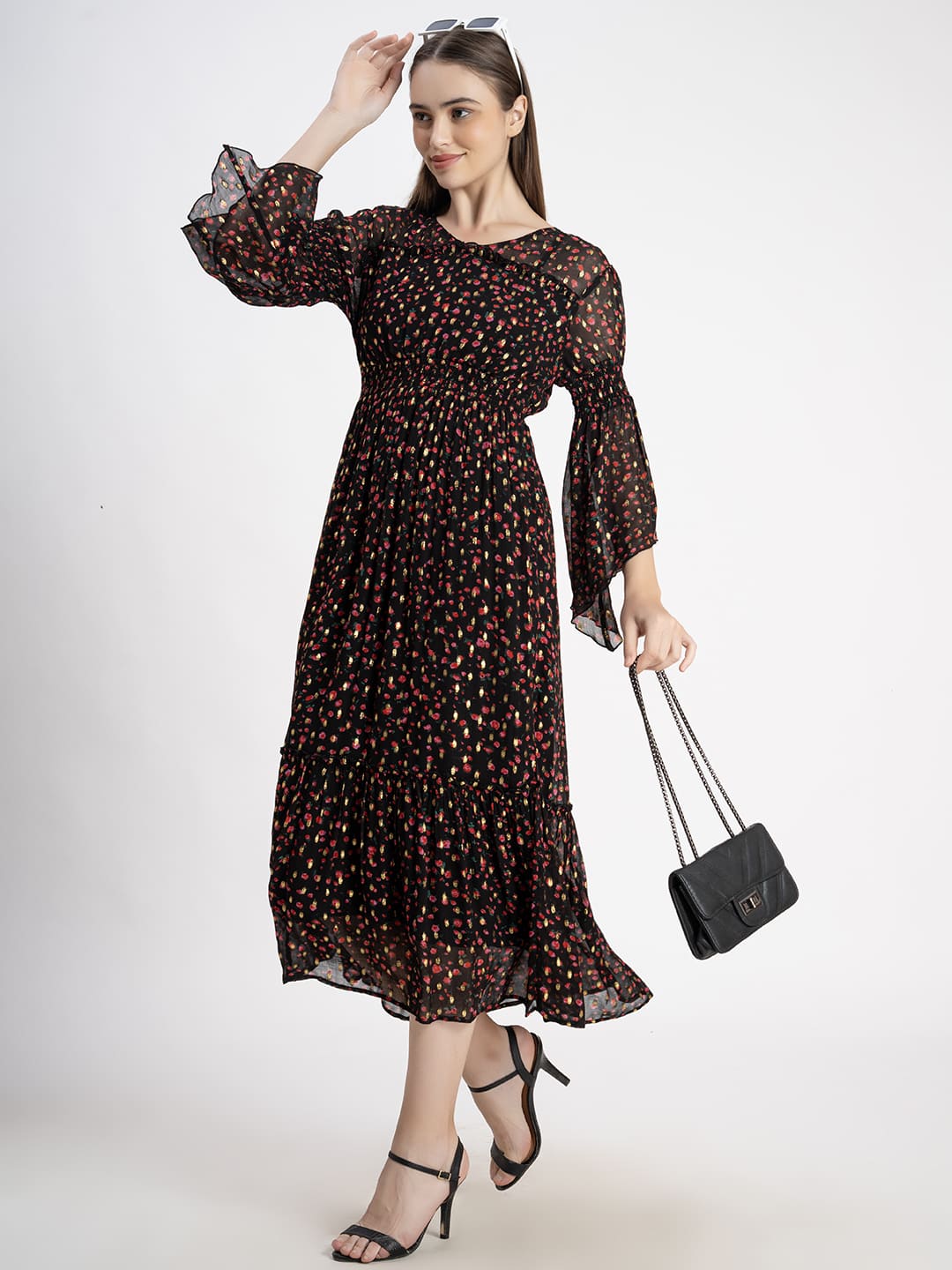 Chic Printed Layered Cotton Dress Black