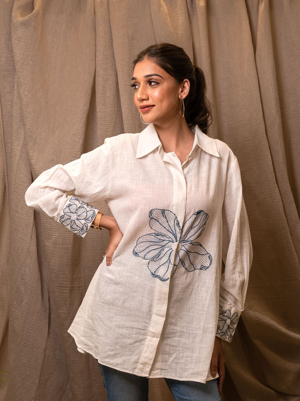 White Floral Embroidered Shirt