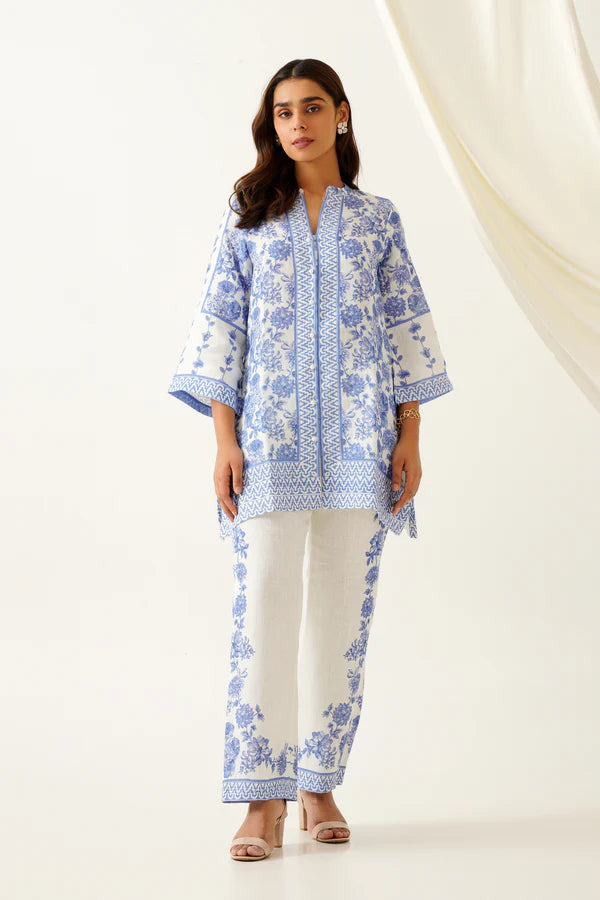 Blue Printed Linen Set- II