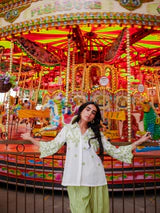 WHITE LINEN CUTWORK TOP WITH GREEN STRIPED PANTS- II