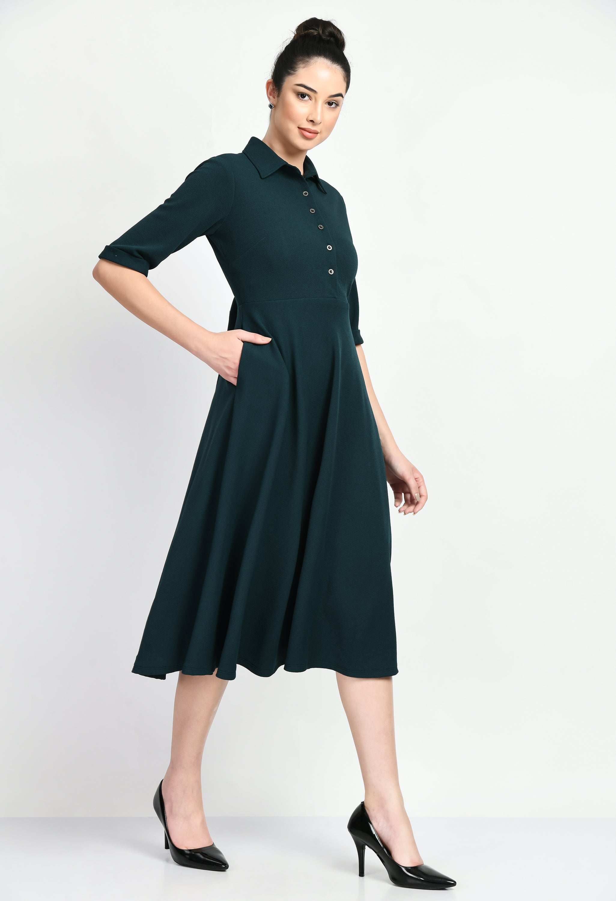 Exude Serenity Fit and Flared Shirt Midi Dress