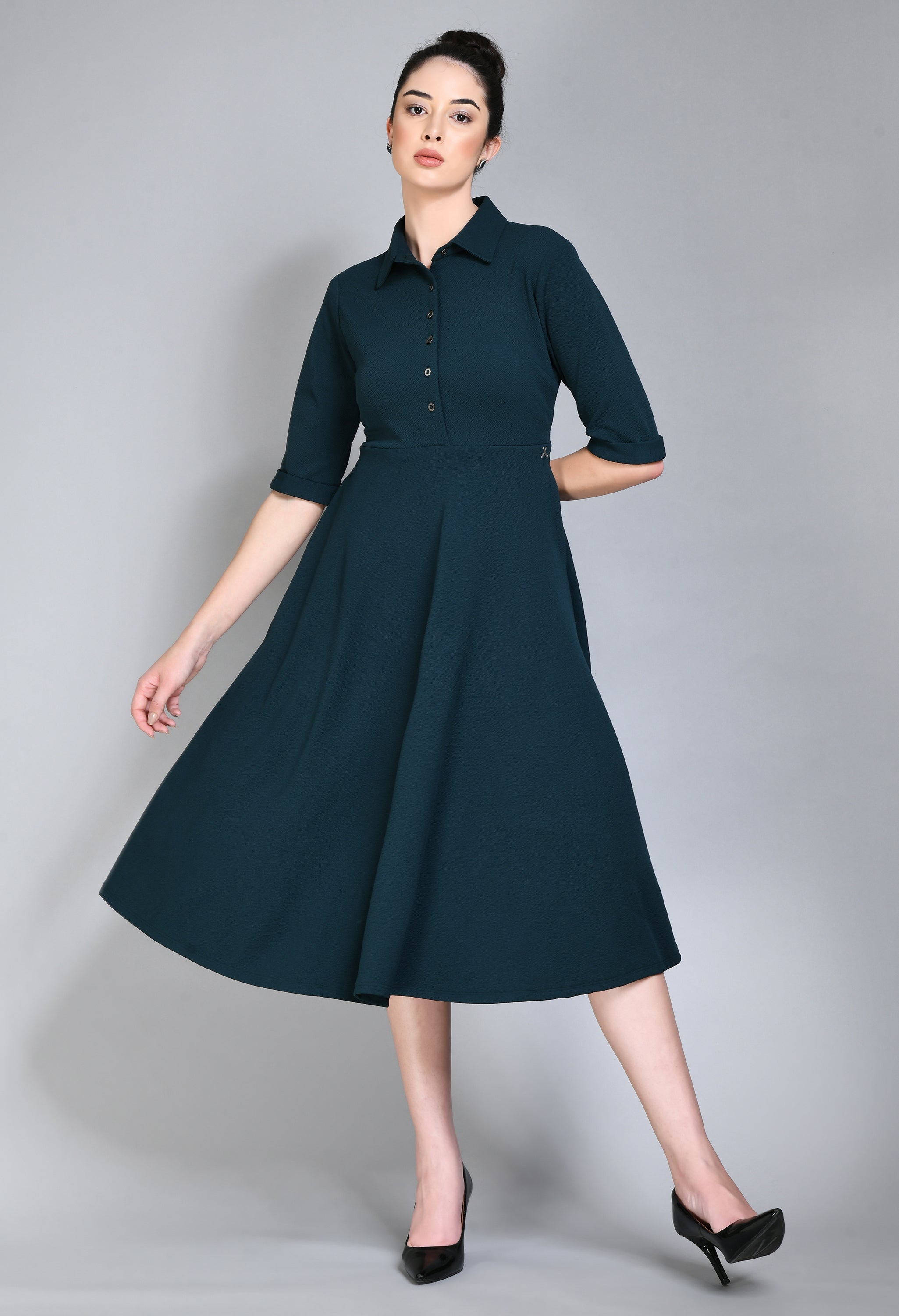 Exude Serenity Fit and Flared Shirt Midi Dress