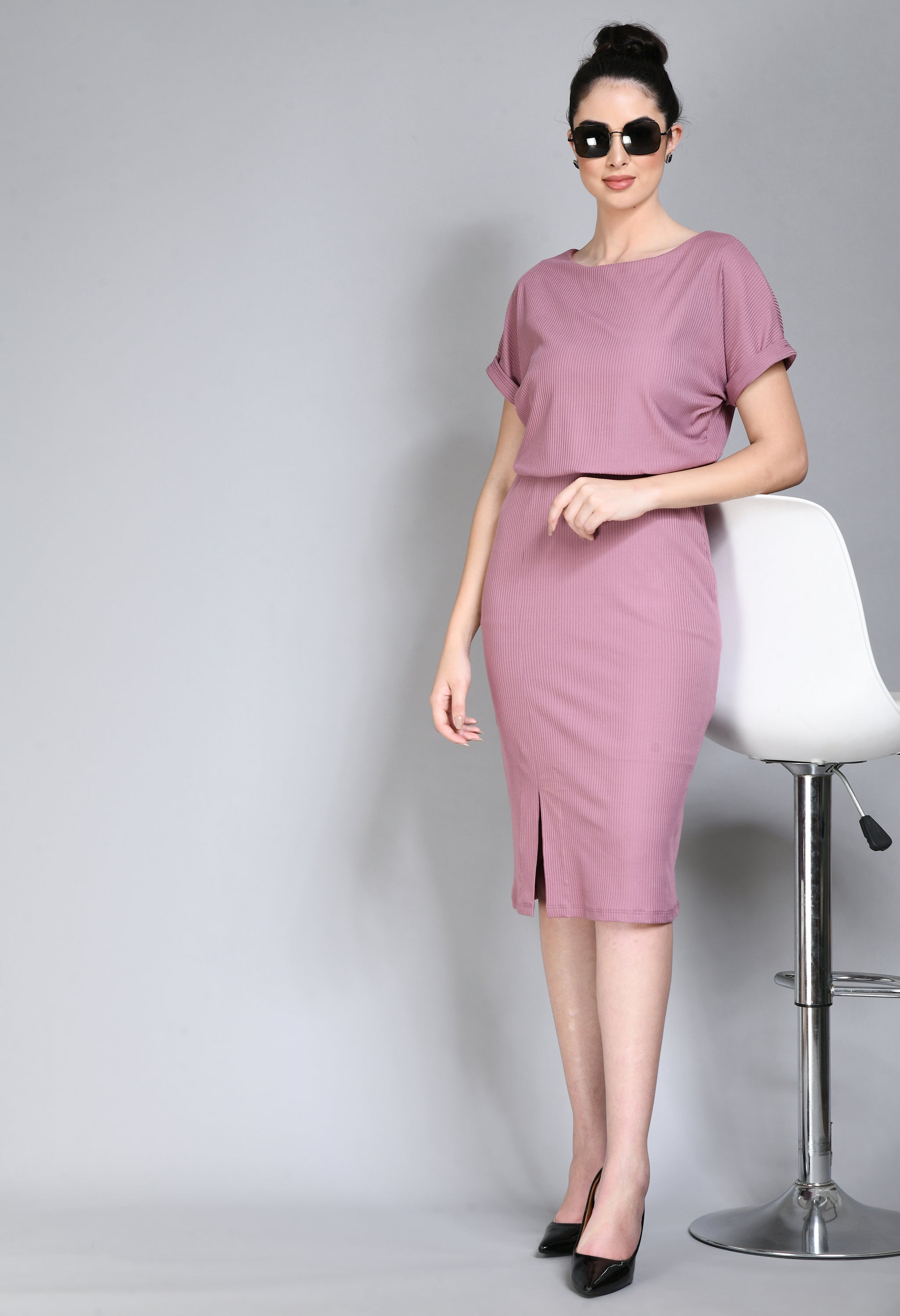 Exude Enigma Ribbed Blouson Dress