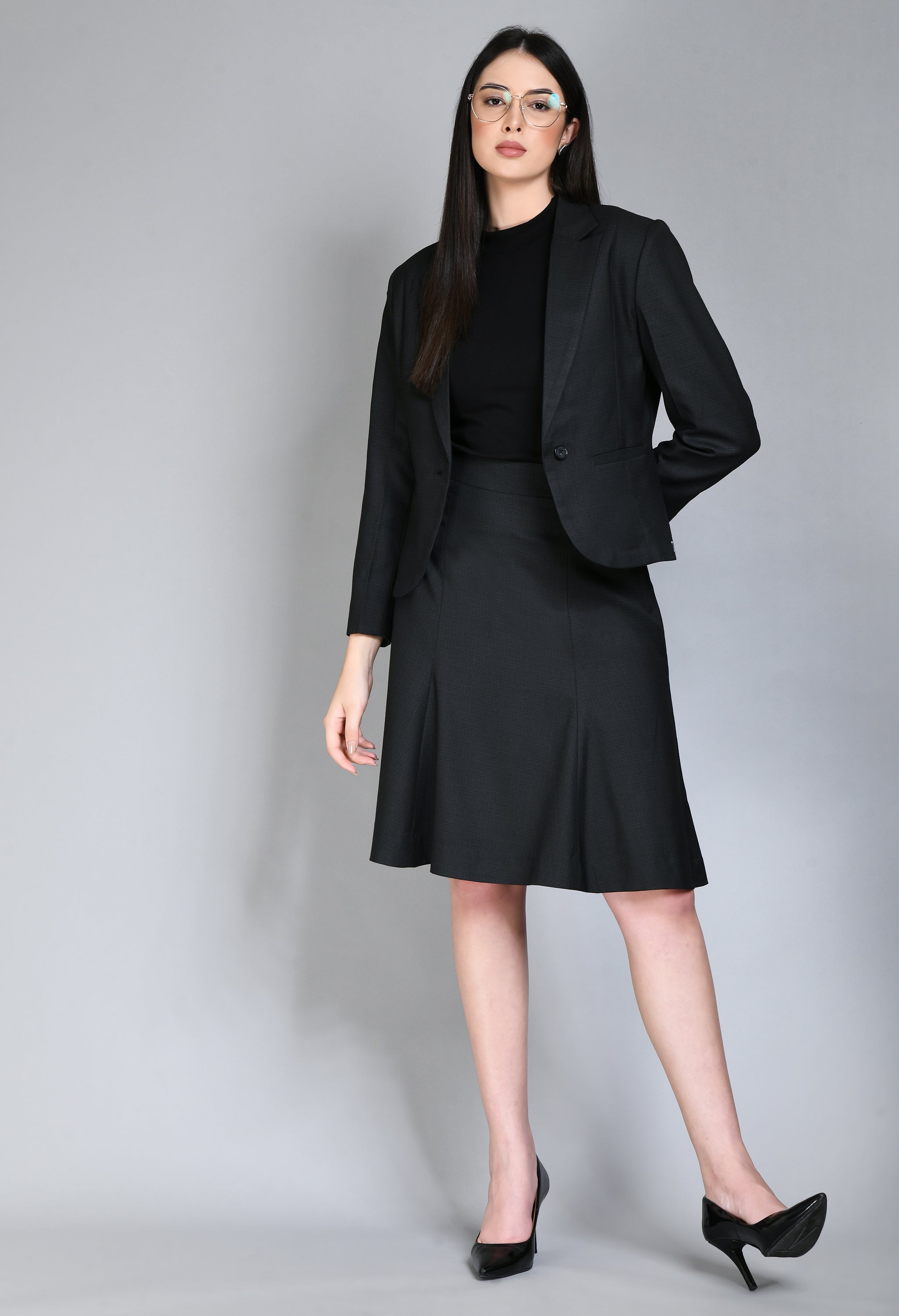 Exude Radiance Checked Short Blazer A-line Skirt Suit