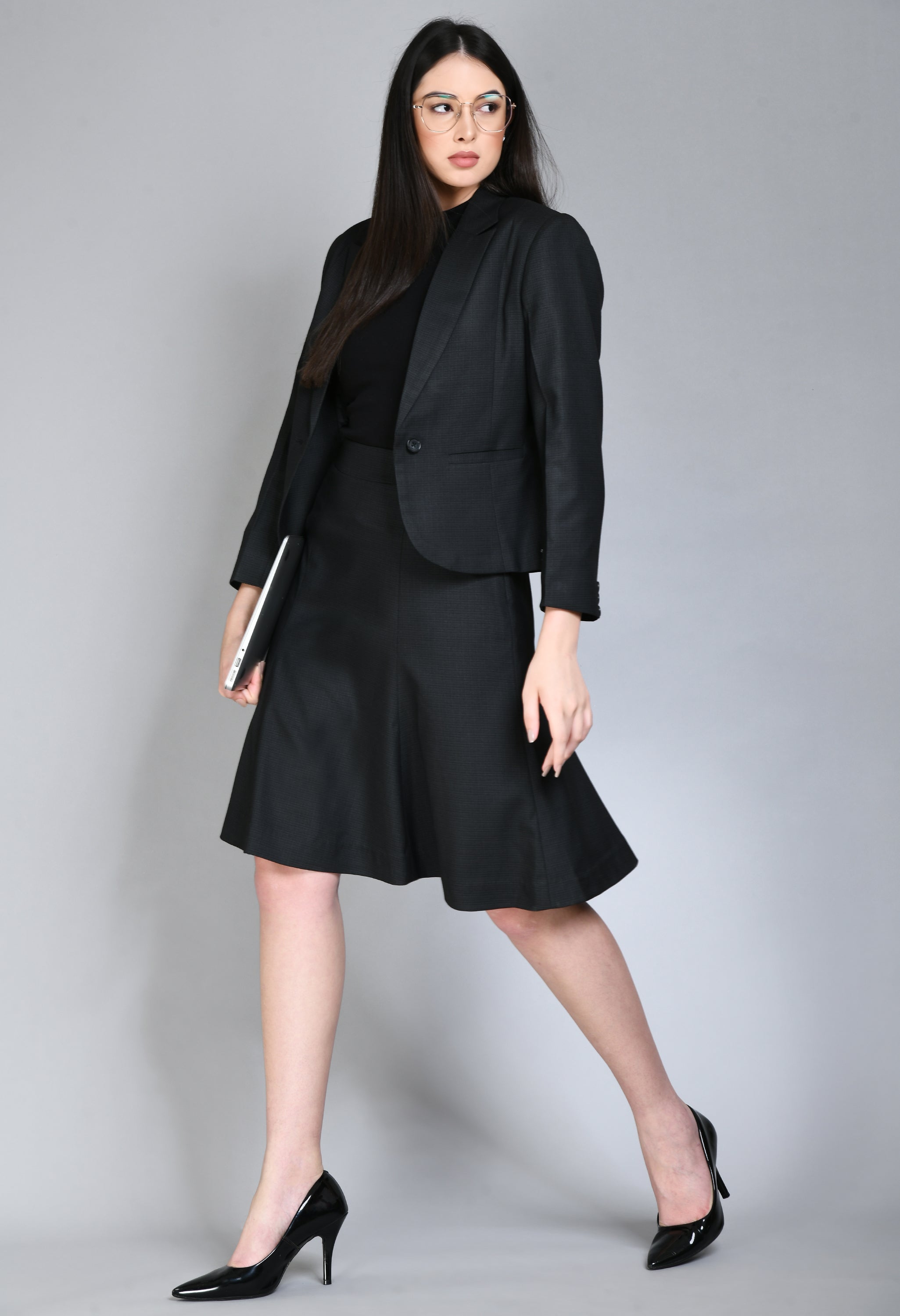 Exude Radiance Checked Short Blazer A-line Skirt Suit