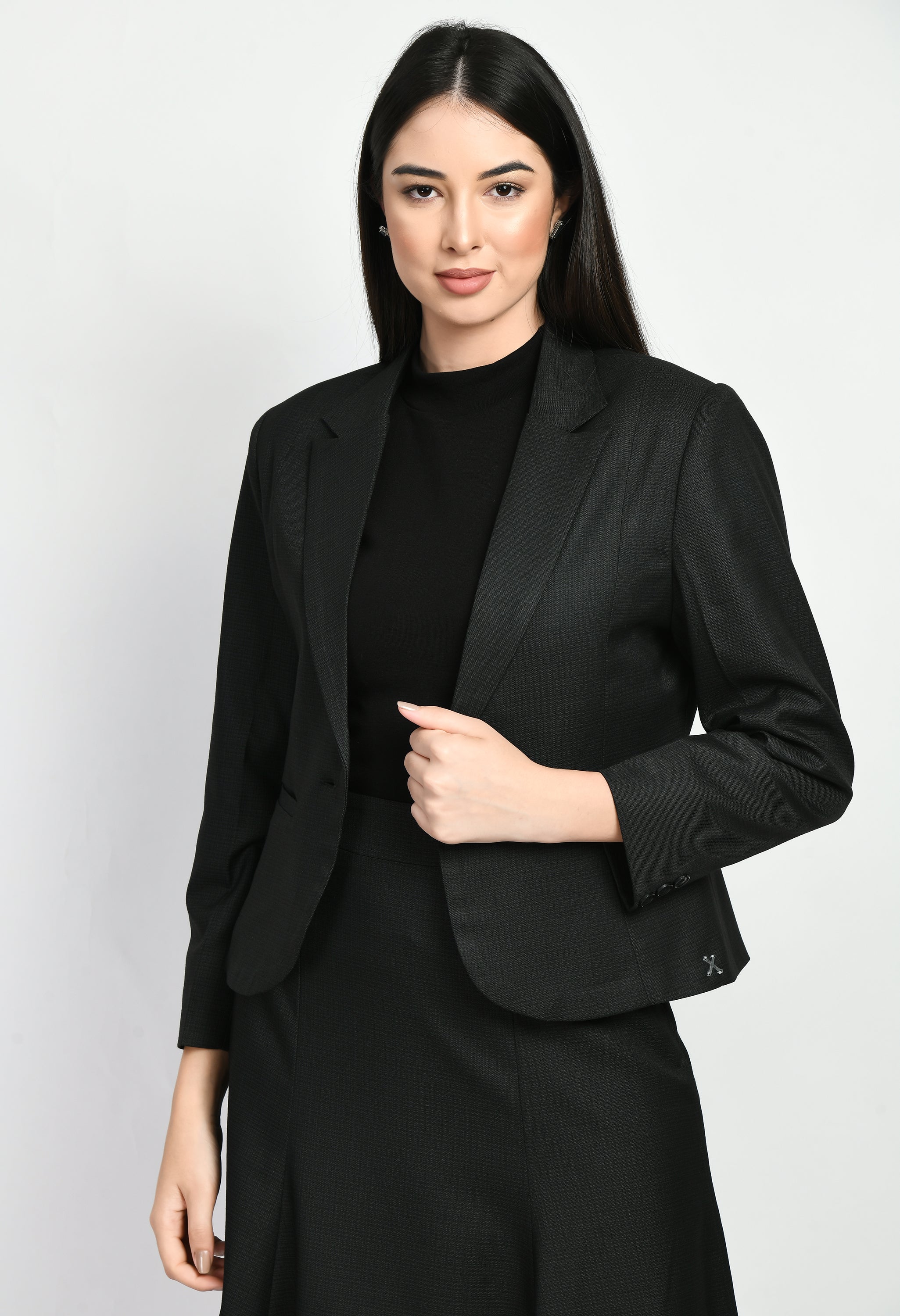 Exude Radiance Checked Short Blazer A-line Skirt Suit