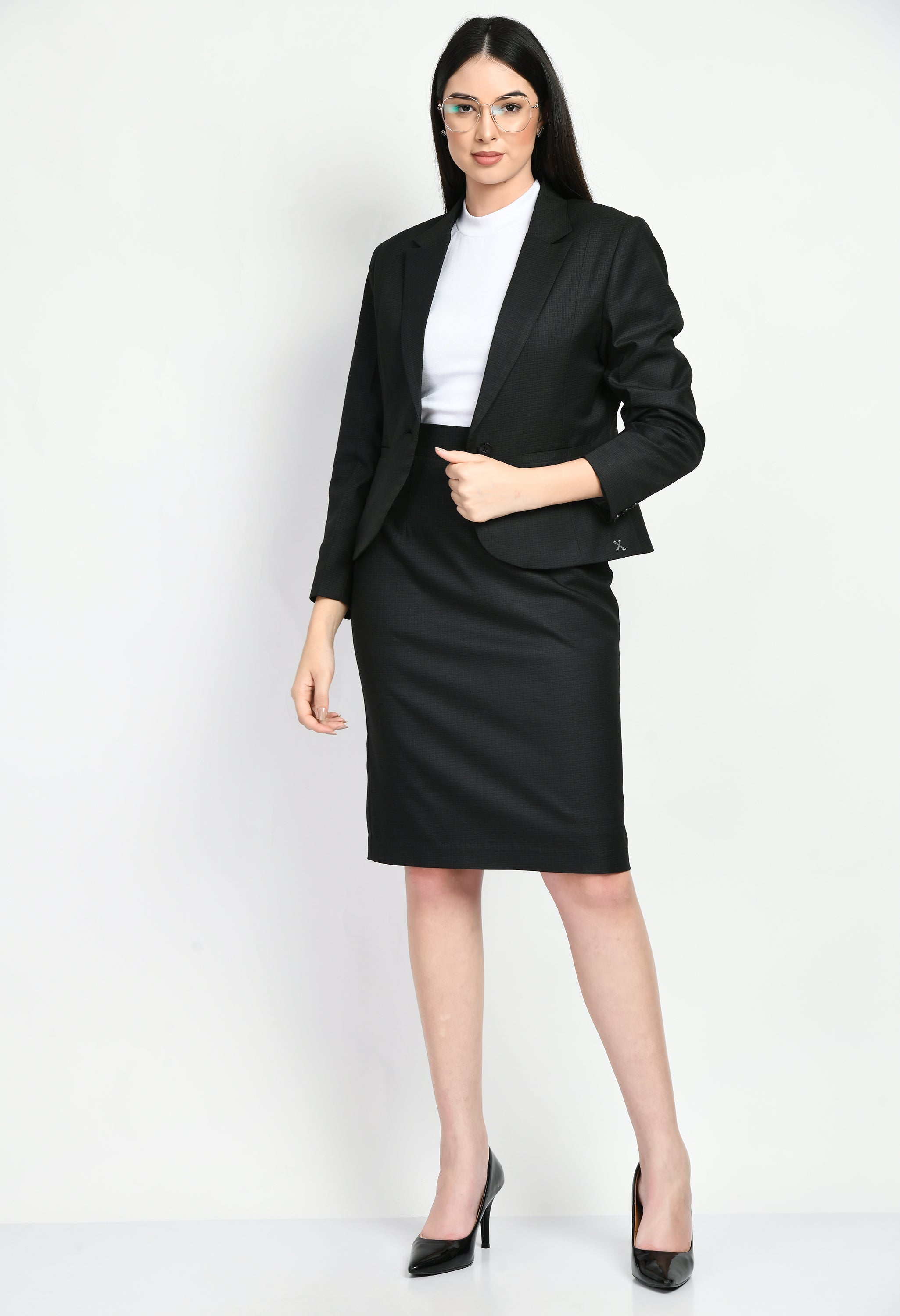 Exude Motivation Checked Short Blazer Pencil Skirt Suit