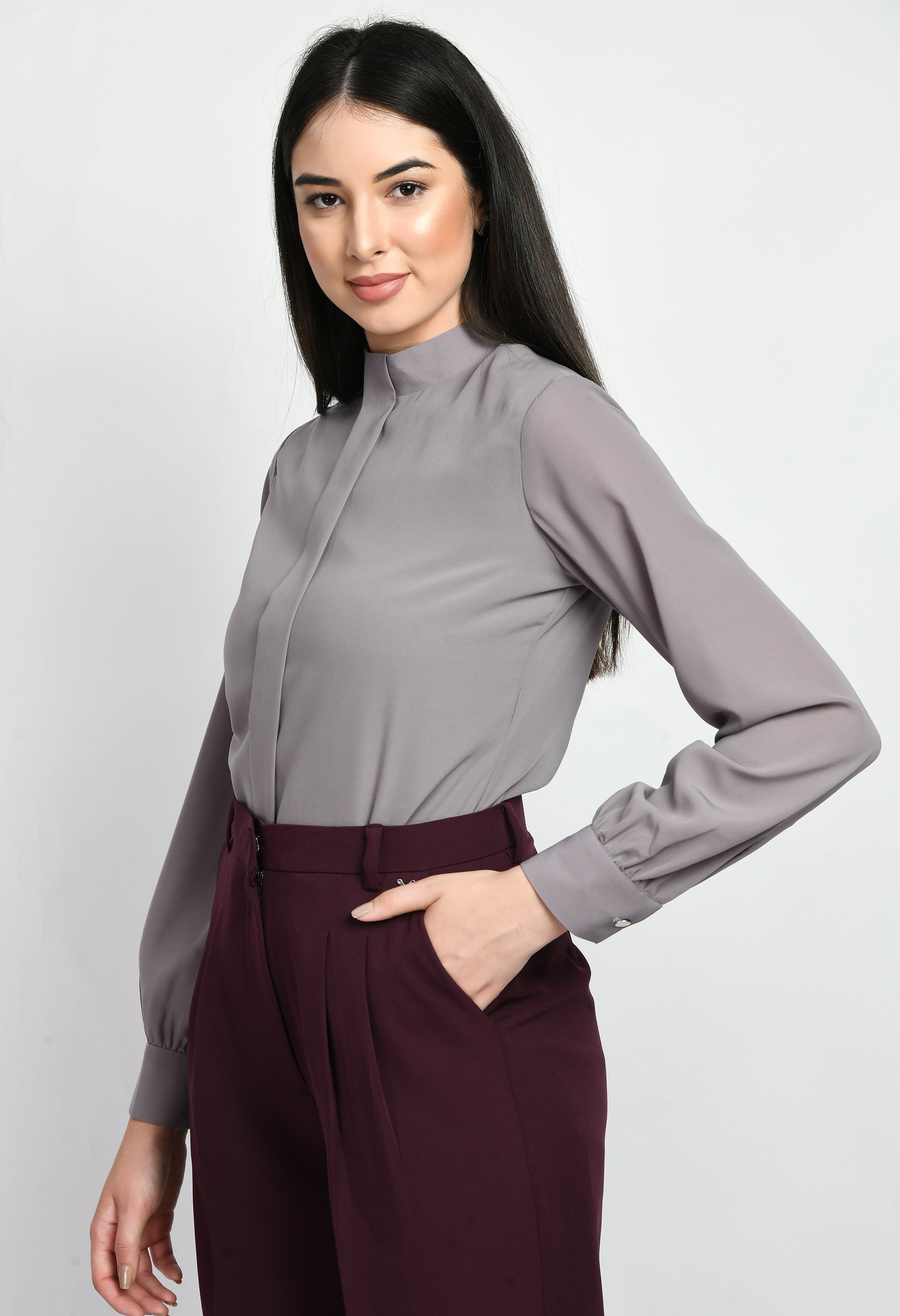 Exude Foresight High Neck Front Pleat Top