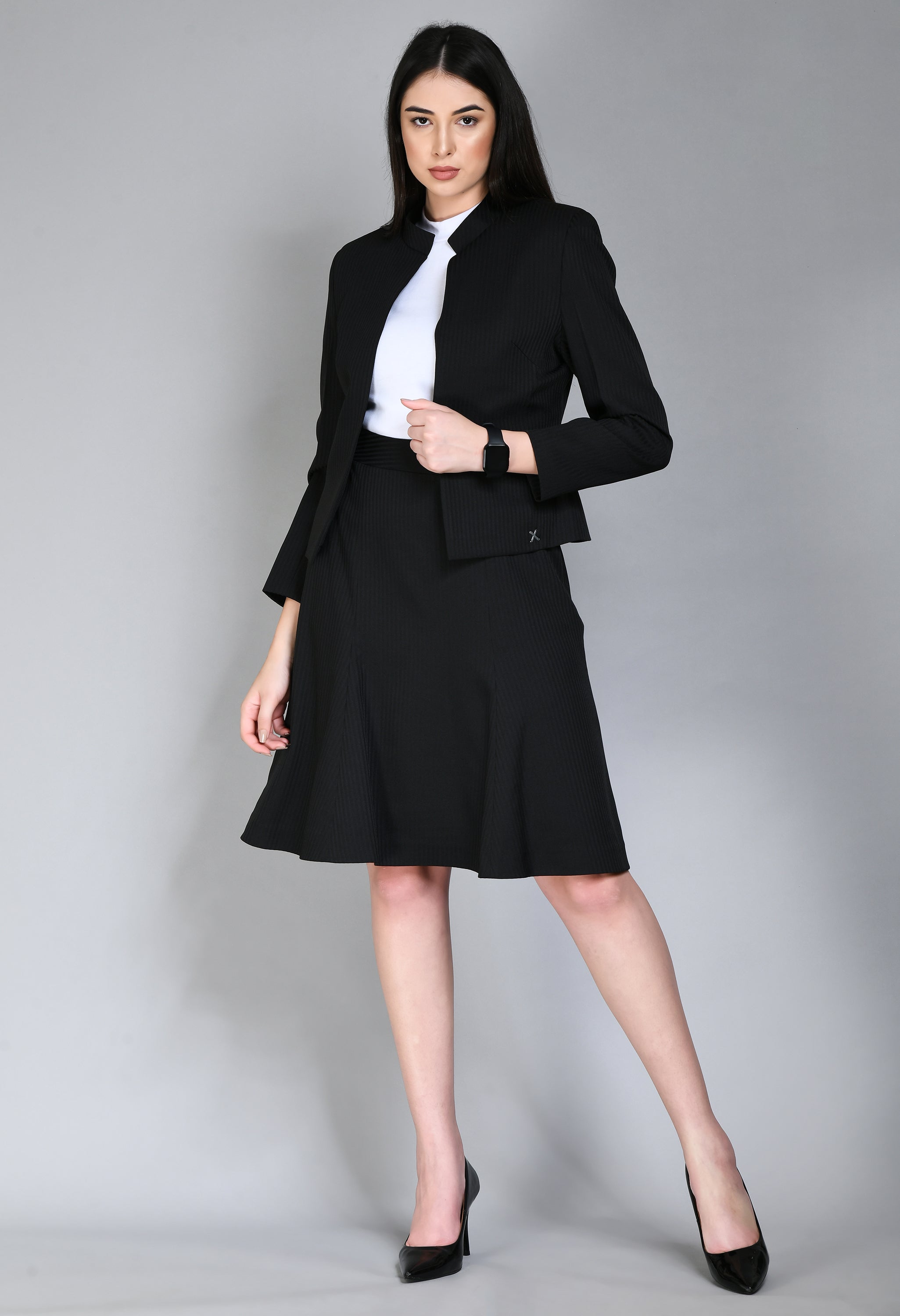 Exude Power Striped Mandarin Collar Short Blazer