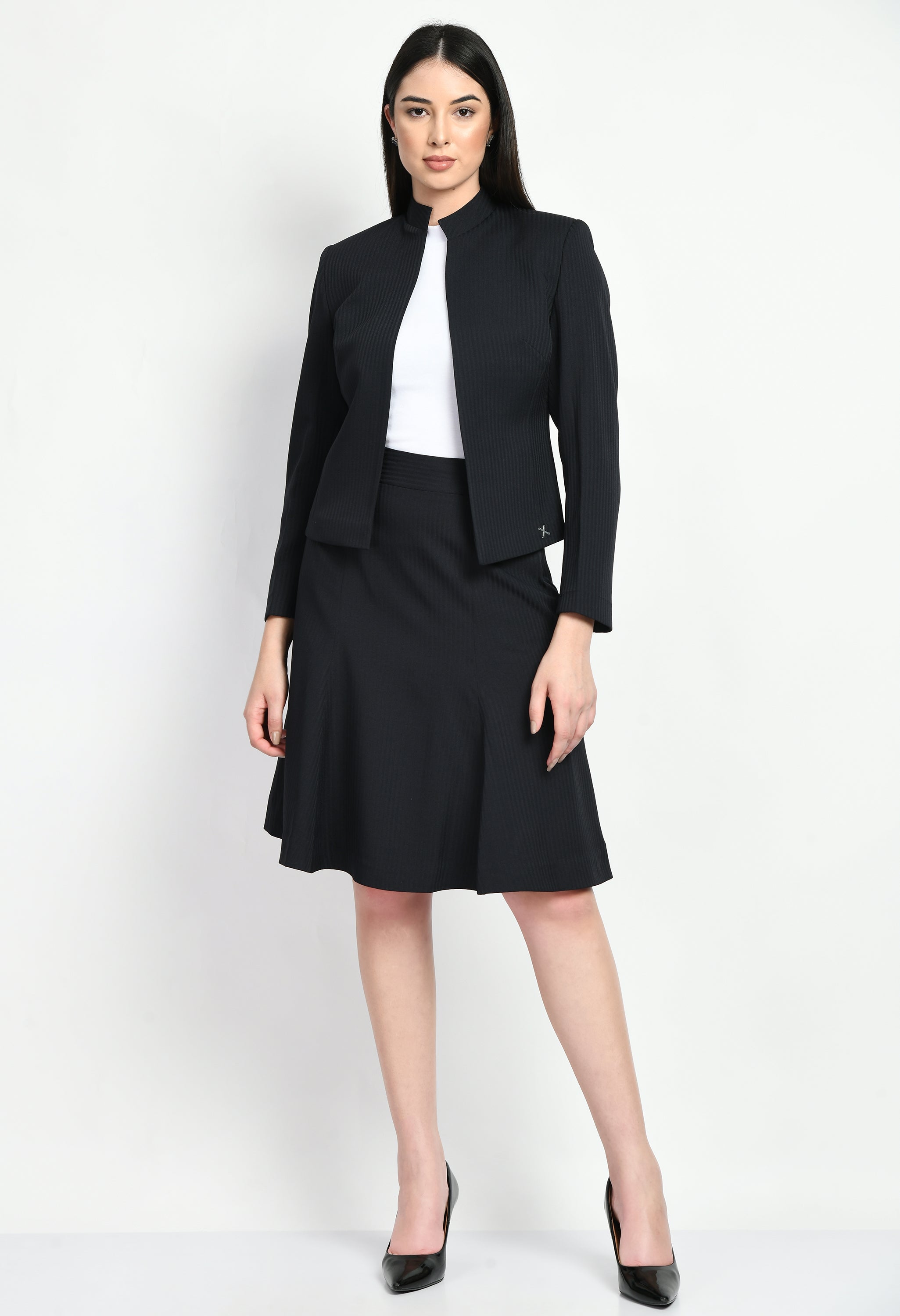 Exude Intelligence Striped Short Blazer A-line Skirt Suit