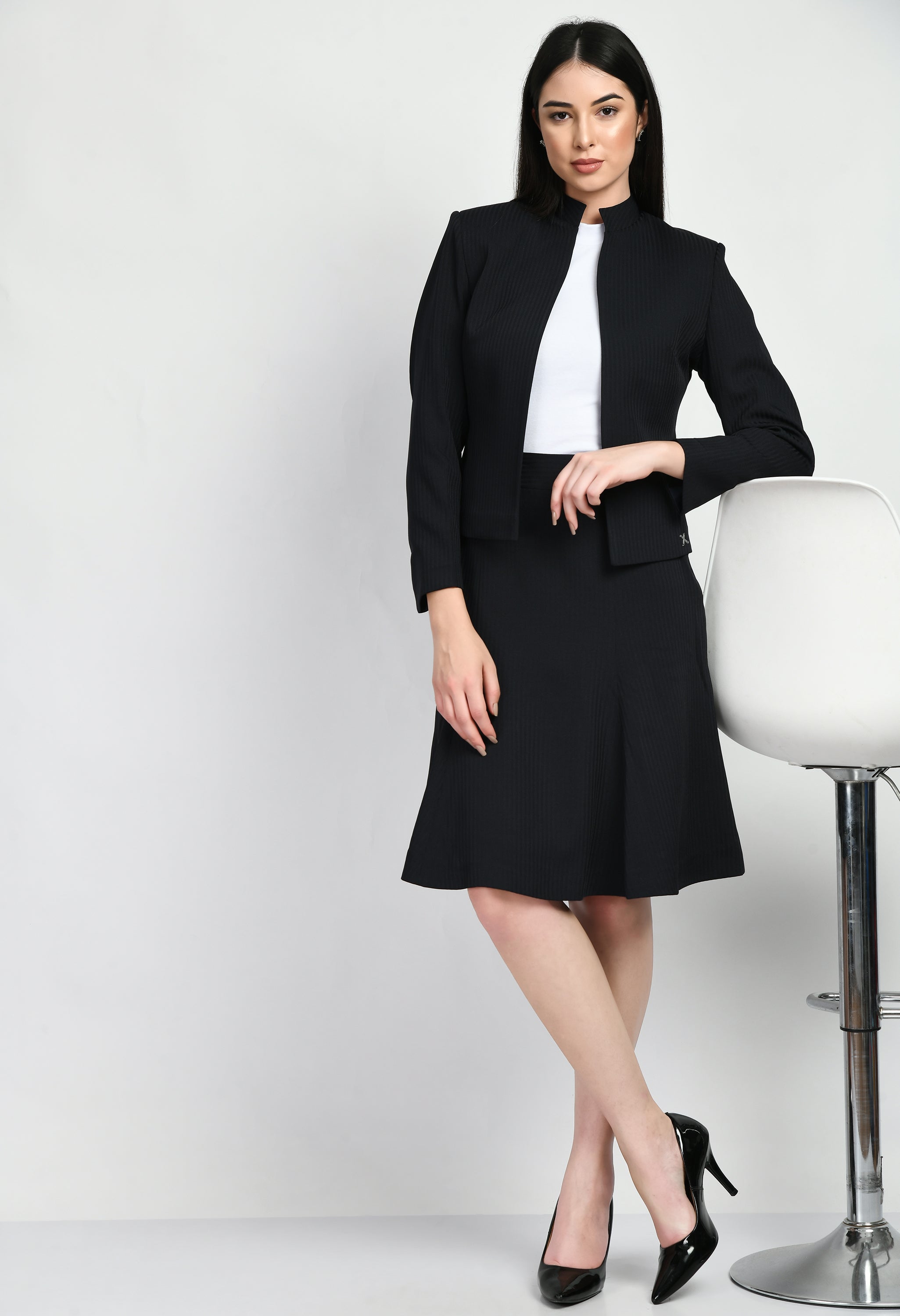 Exude Intelligence Striped Short Blazer A-line Skirt Suit