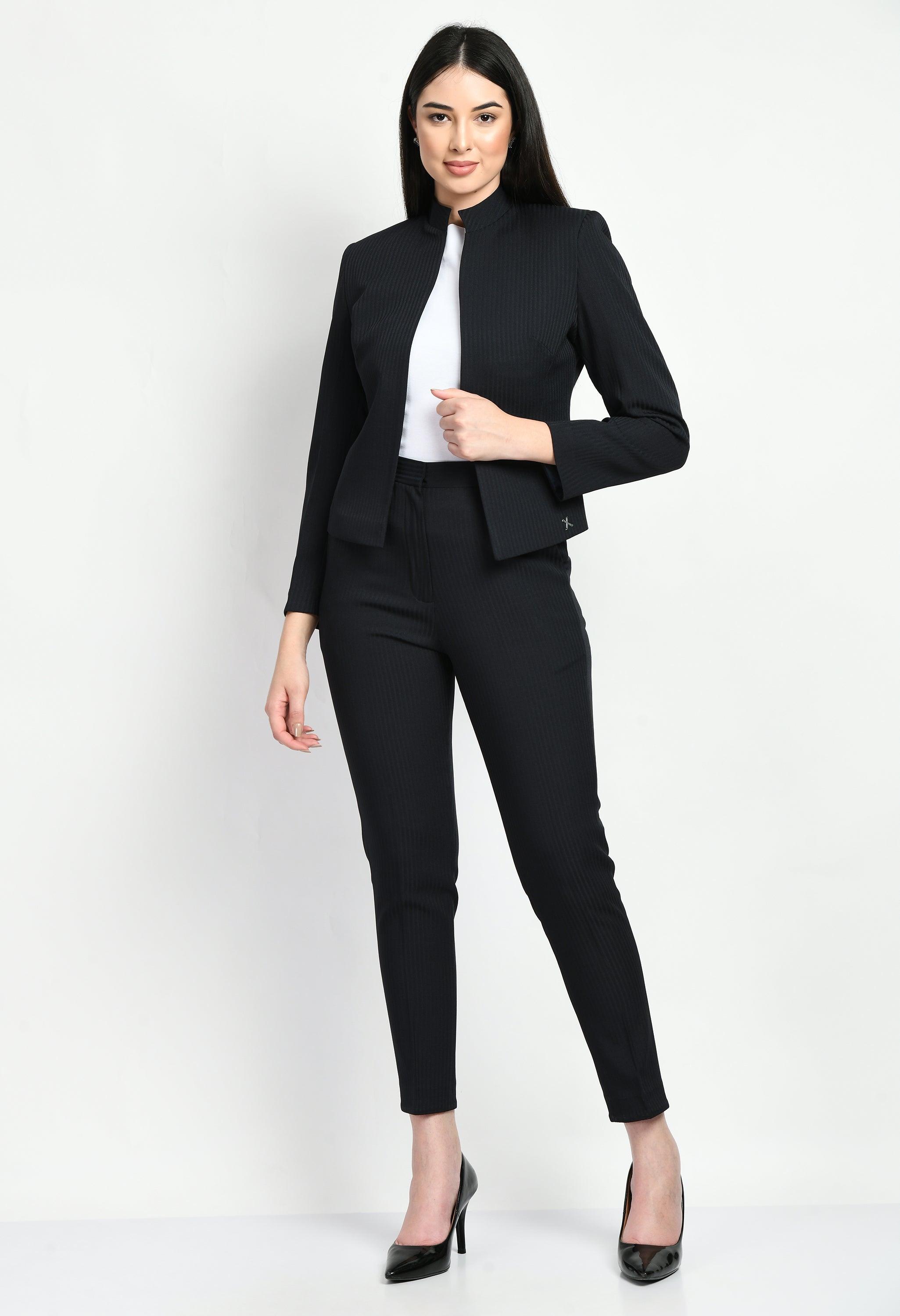 Exude Fearlessness Striped Short Blazer Pant Suit