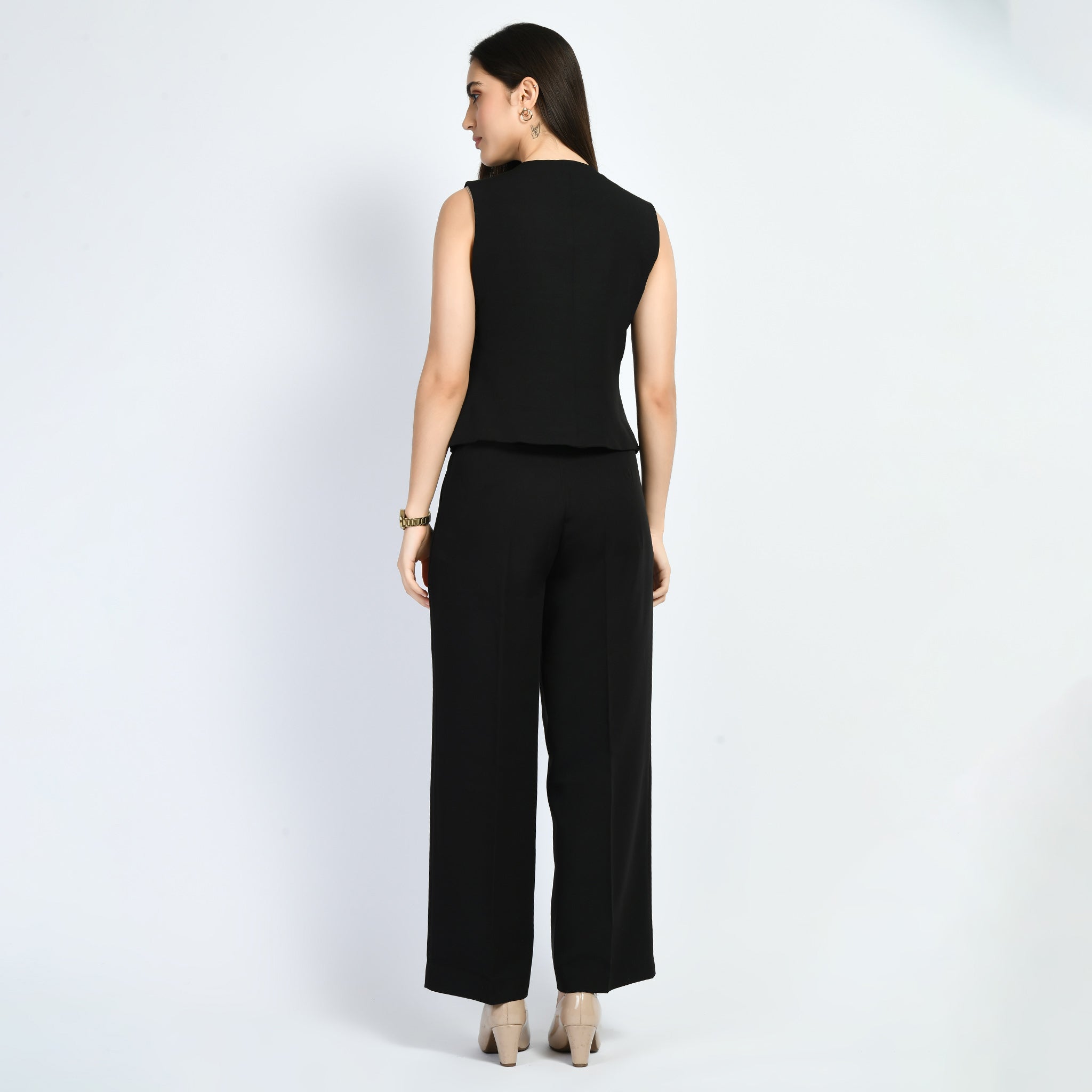 Exude Elusiveness Solid Wide Leg Trousers With Waist-Coat Top Co-ord