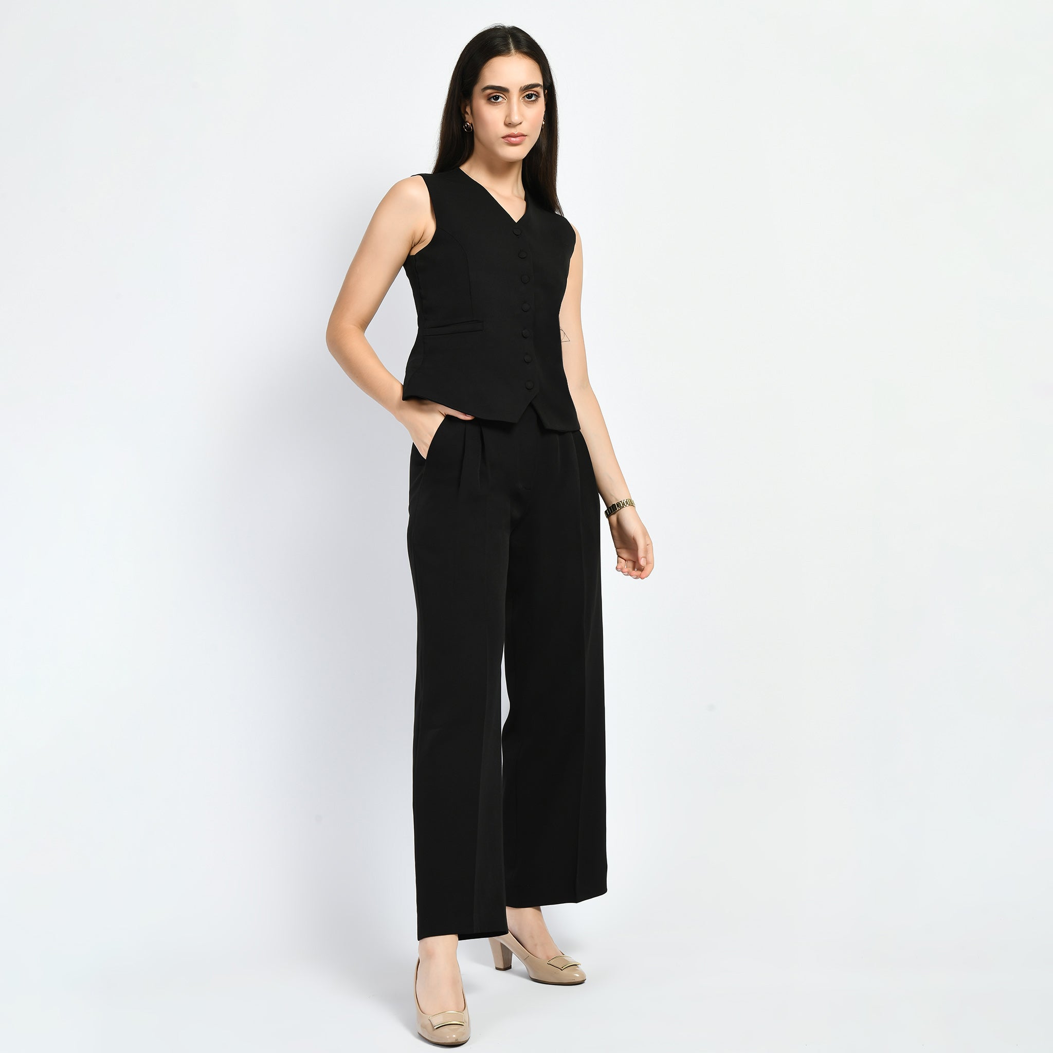 Exude Elusiveness Solid Wide Leg Trousers With Waist-Coat Top Co-ord