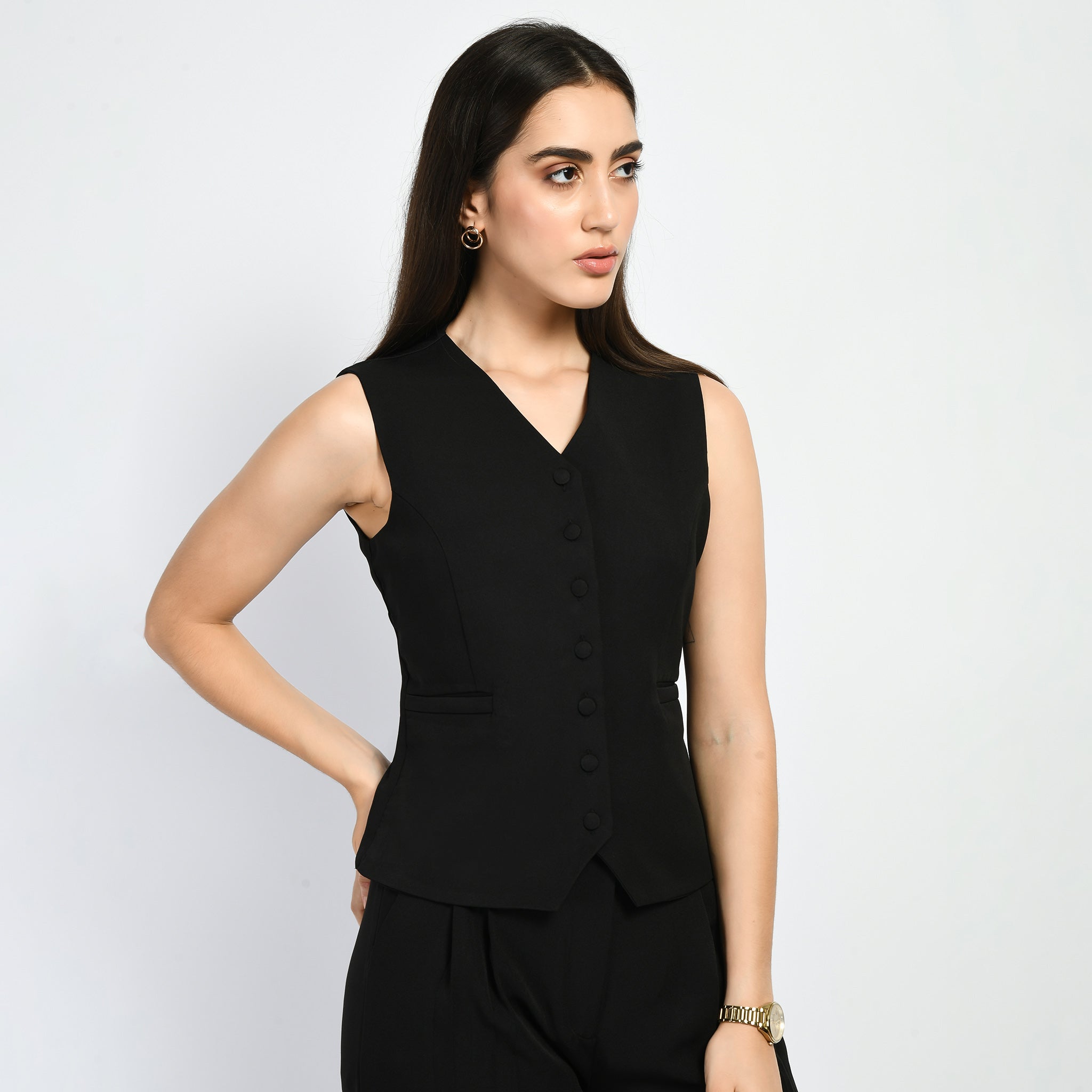 Exude Elusiveness Solid Wide Leg Trousers With Waist-Coat Top Co-ord