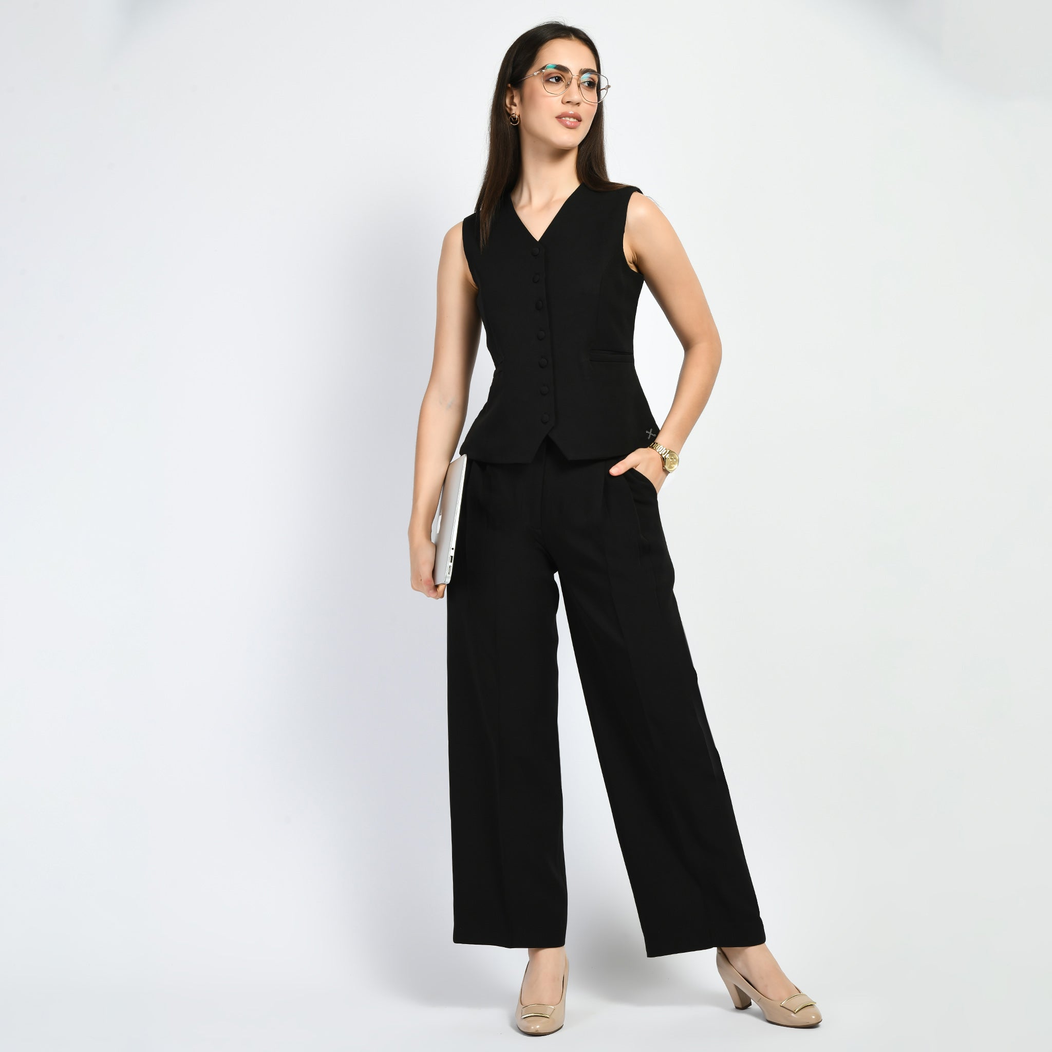 Exude Elusiveness Solid Wide Leg Trousers With Waist-Coat Top Co-ord