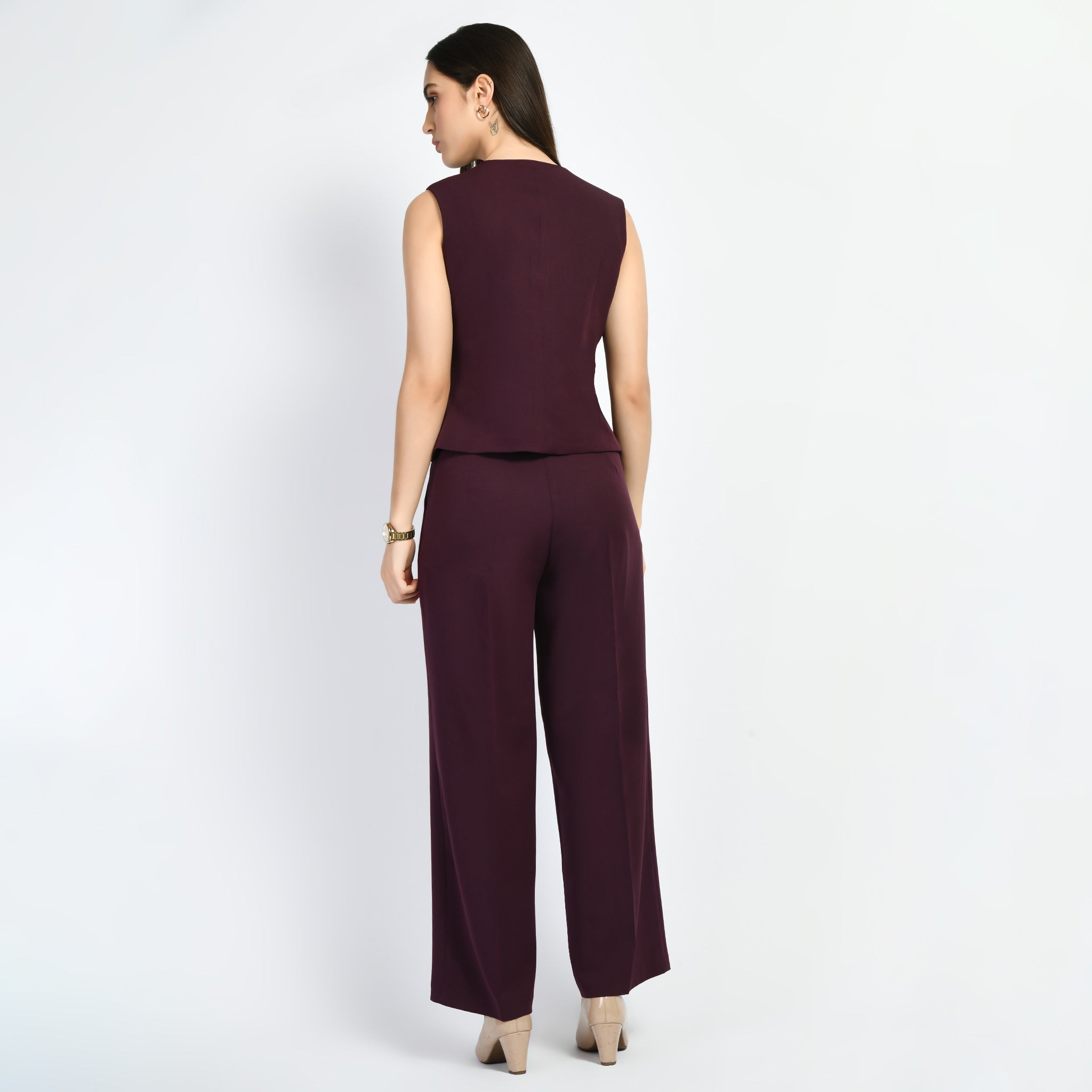 Exude Elusiveness Solid Wide Leg Trousers With Waist-Coat Top Co-ord