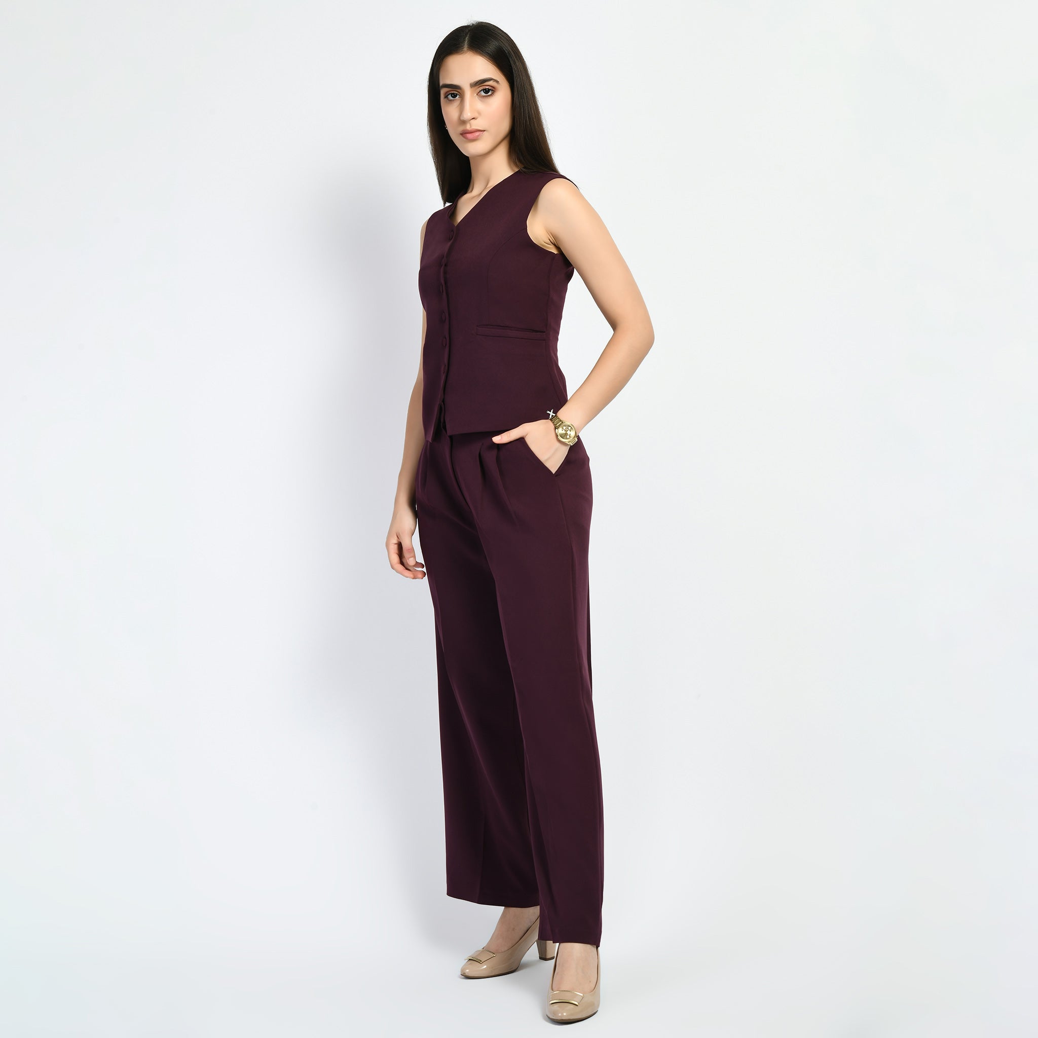 Exude Elusiveness Solid Wide Leg Trousers With Waist-Coat Top Co-ord