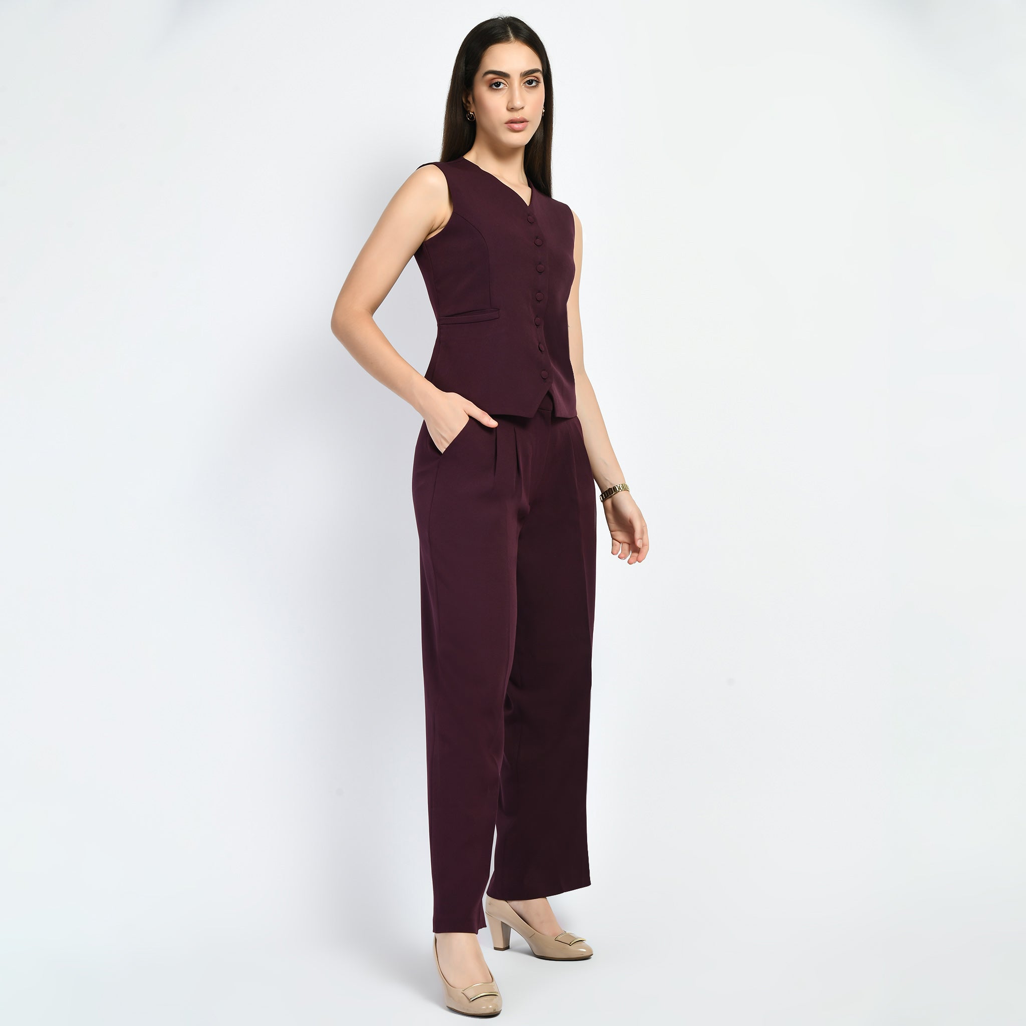 Exude Elusiveness Solid Wide Leg Trousers With Waist-Coat Top Co-ord