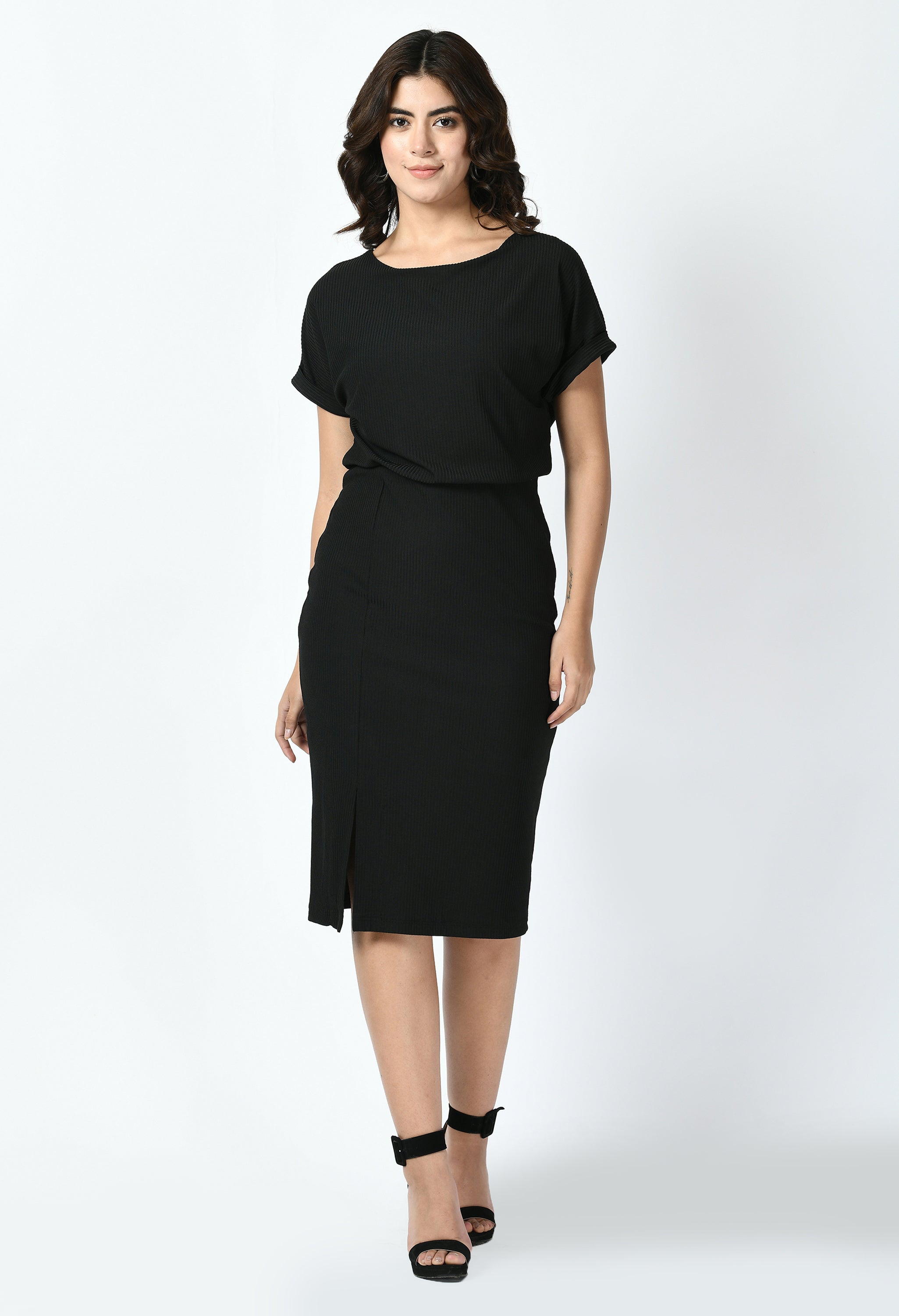 Exude Enigma Ribbed Blouson Dress