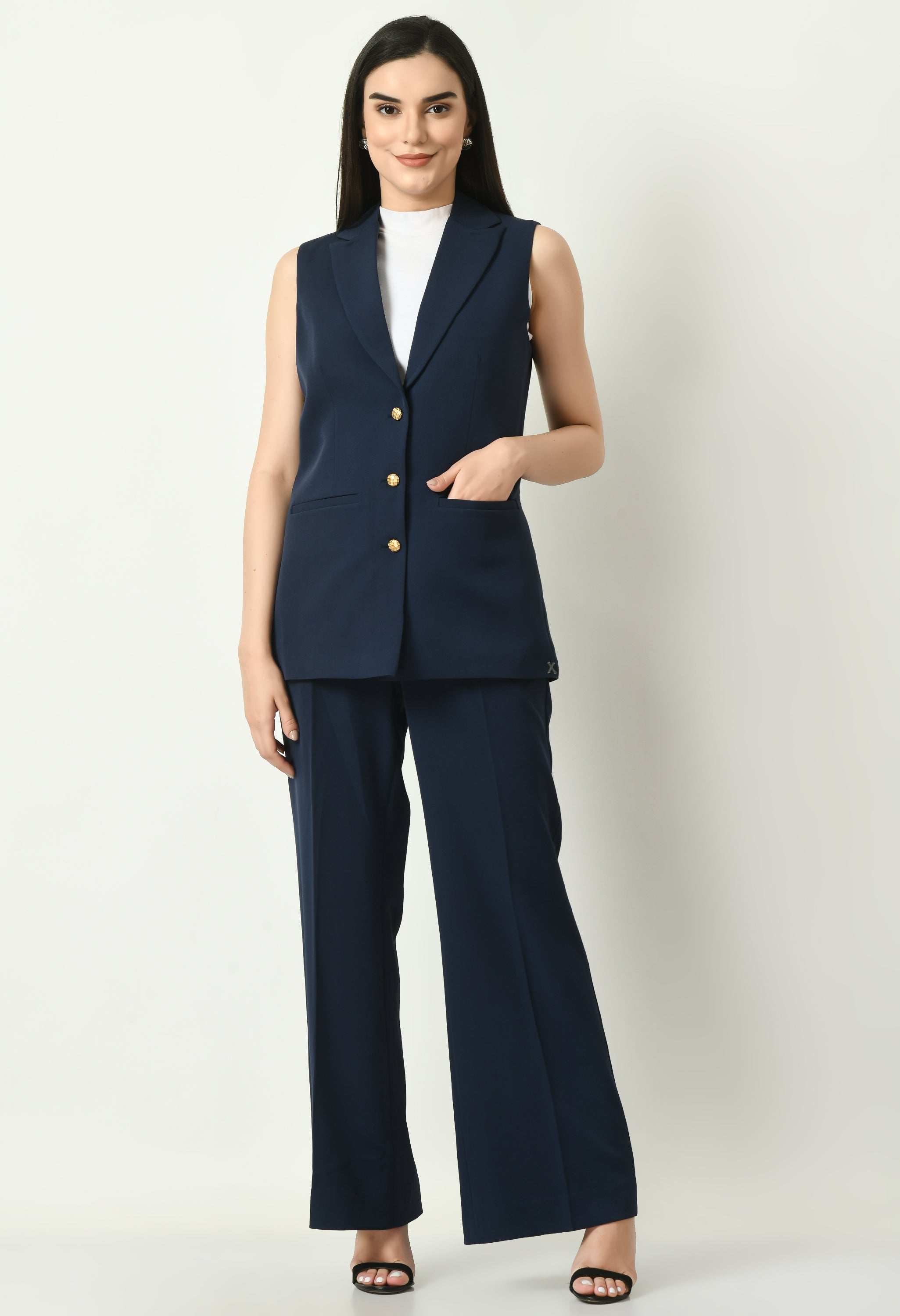 Exude Aspiration Sleeveless Blazer with Bootcut Trousers