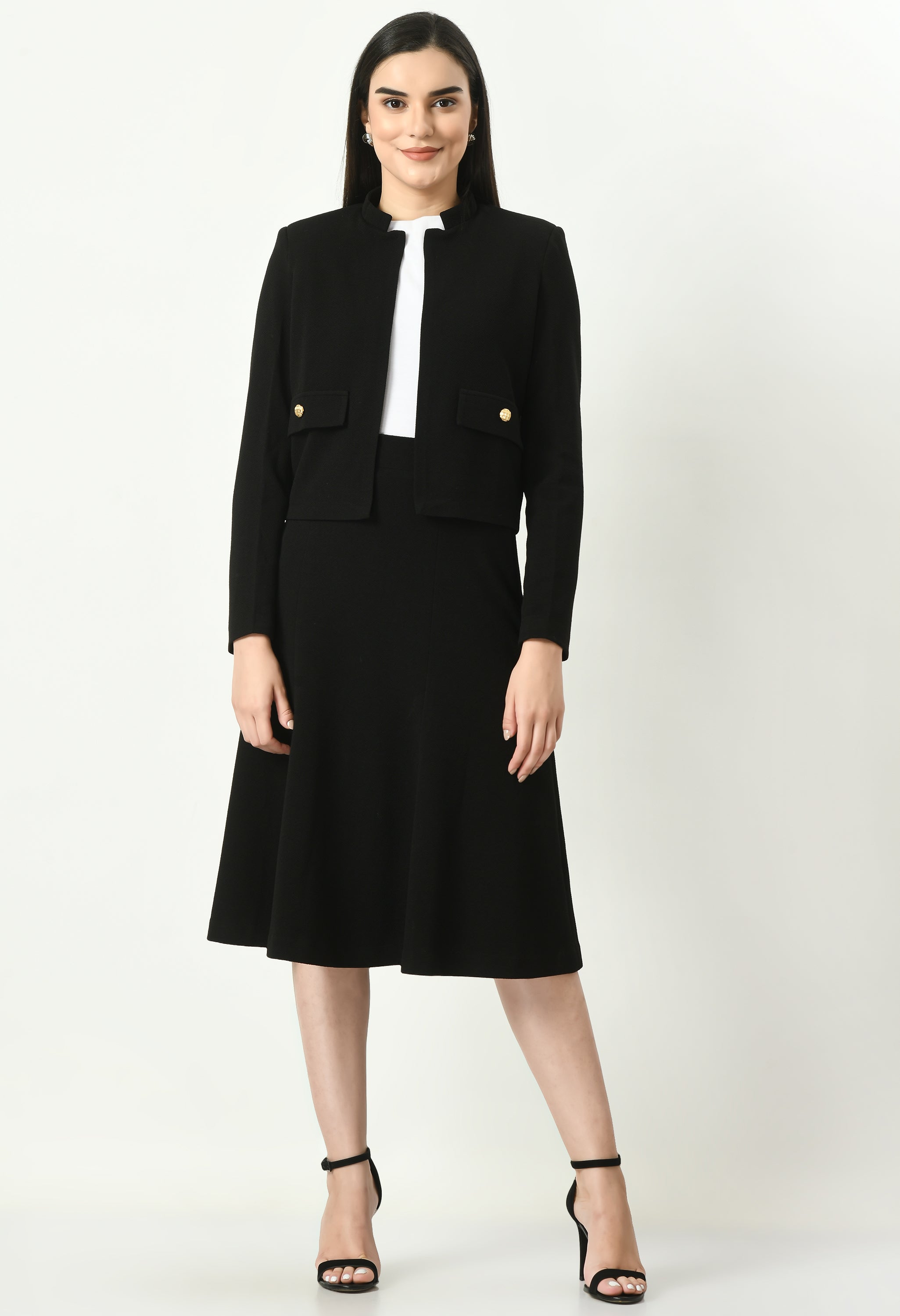 Exude Exuberant Mandarin Collar Blazer with Midi A-line Skirt