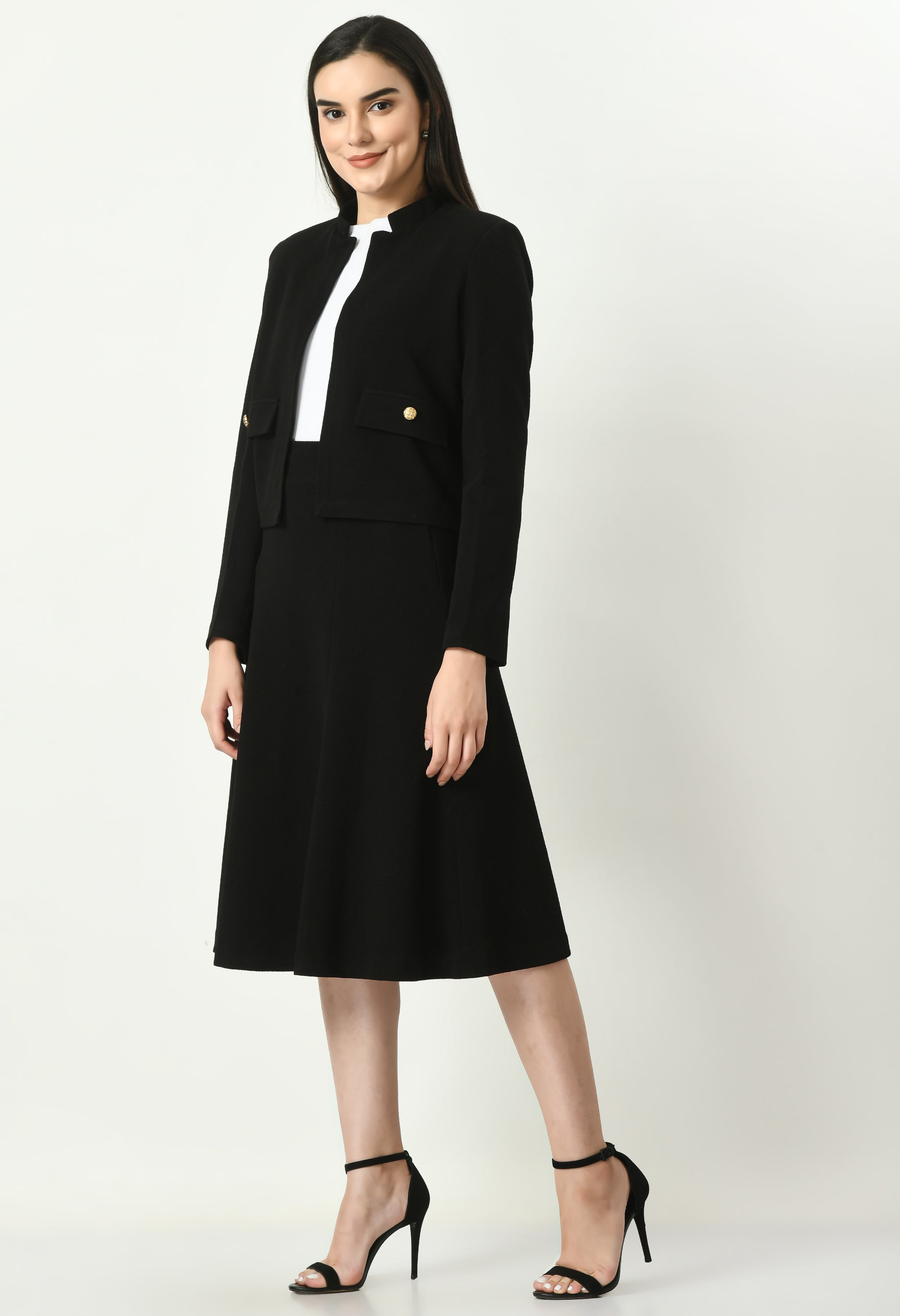 Exude Exuberant Mandarin Collar Blazer with Midi A-line Skirt