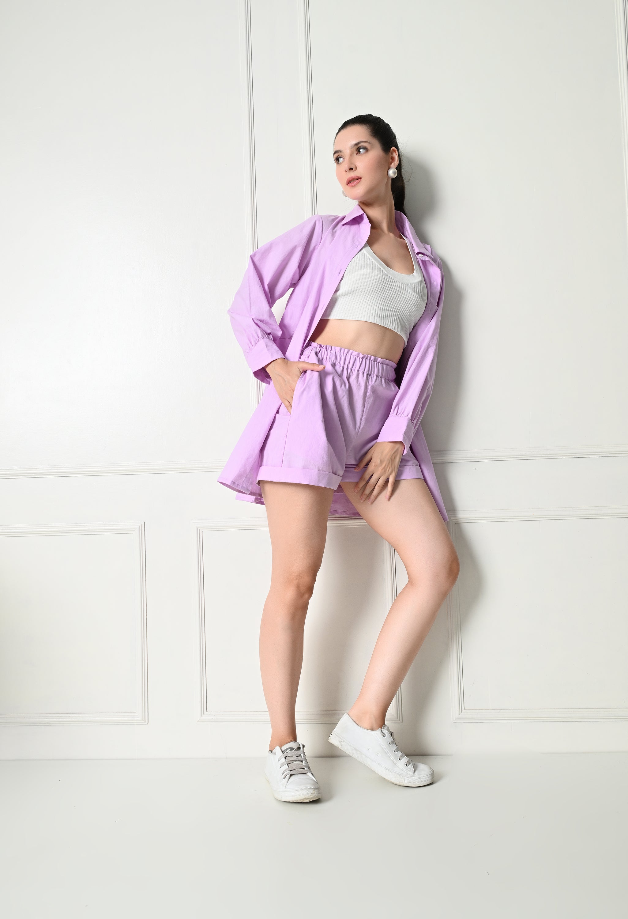 Lilac Organic Cotton Shorts And Shirt Set For Women