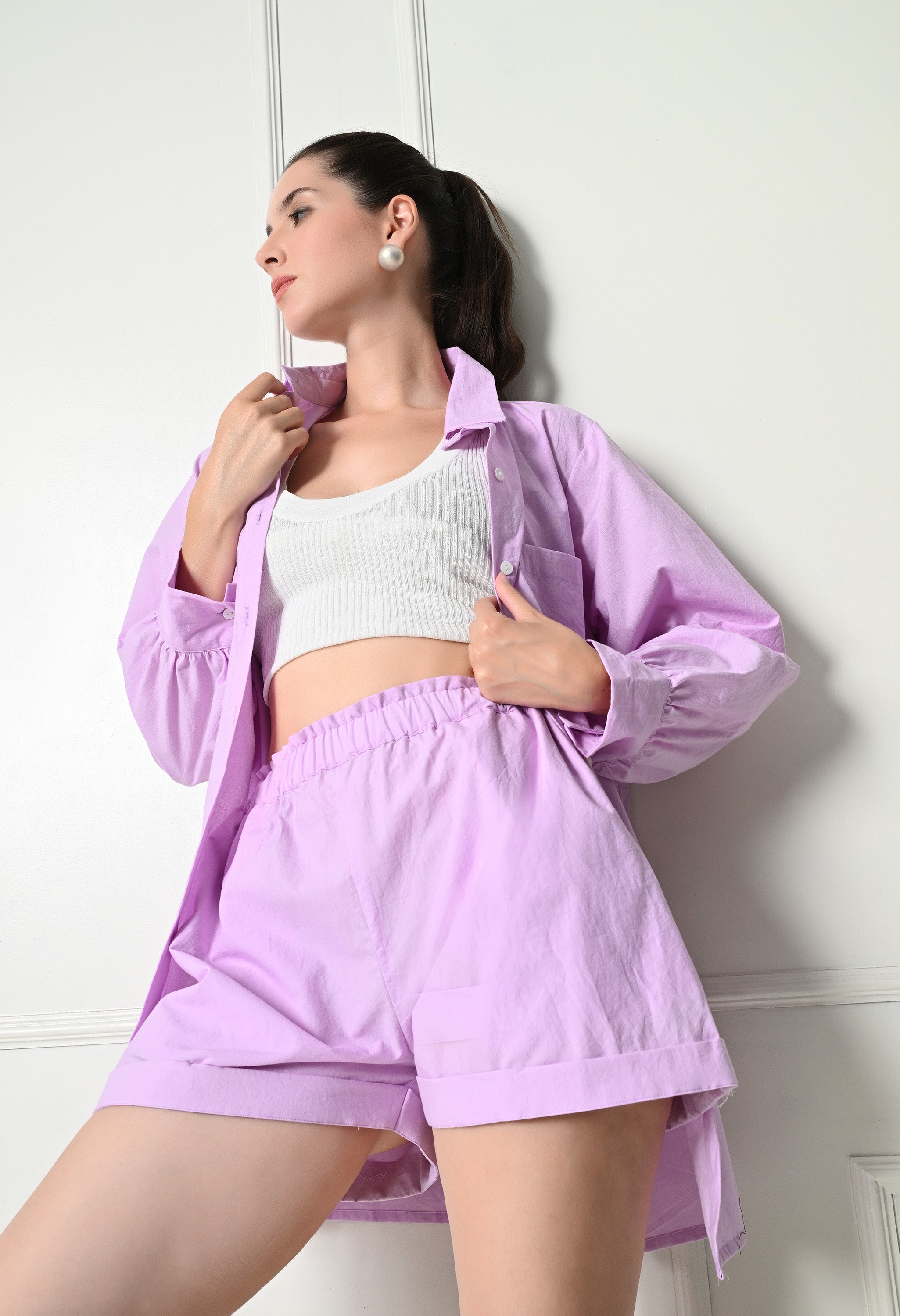 Lilac Organic Cotton Shorts And Shirt Set For Women