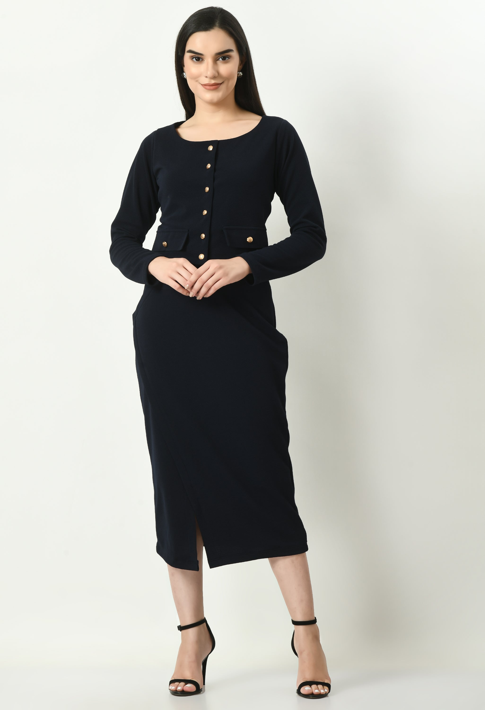 Exude Invincible Crop Blazer Top with Front Slit Midi Skirt