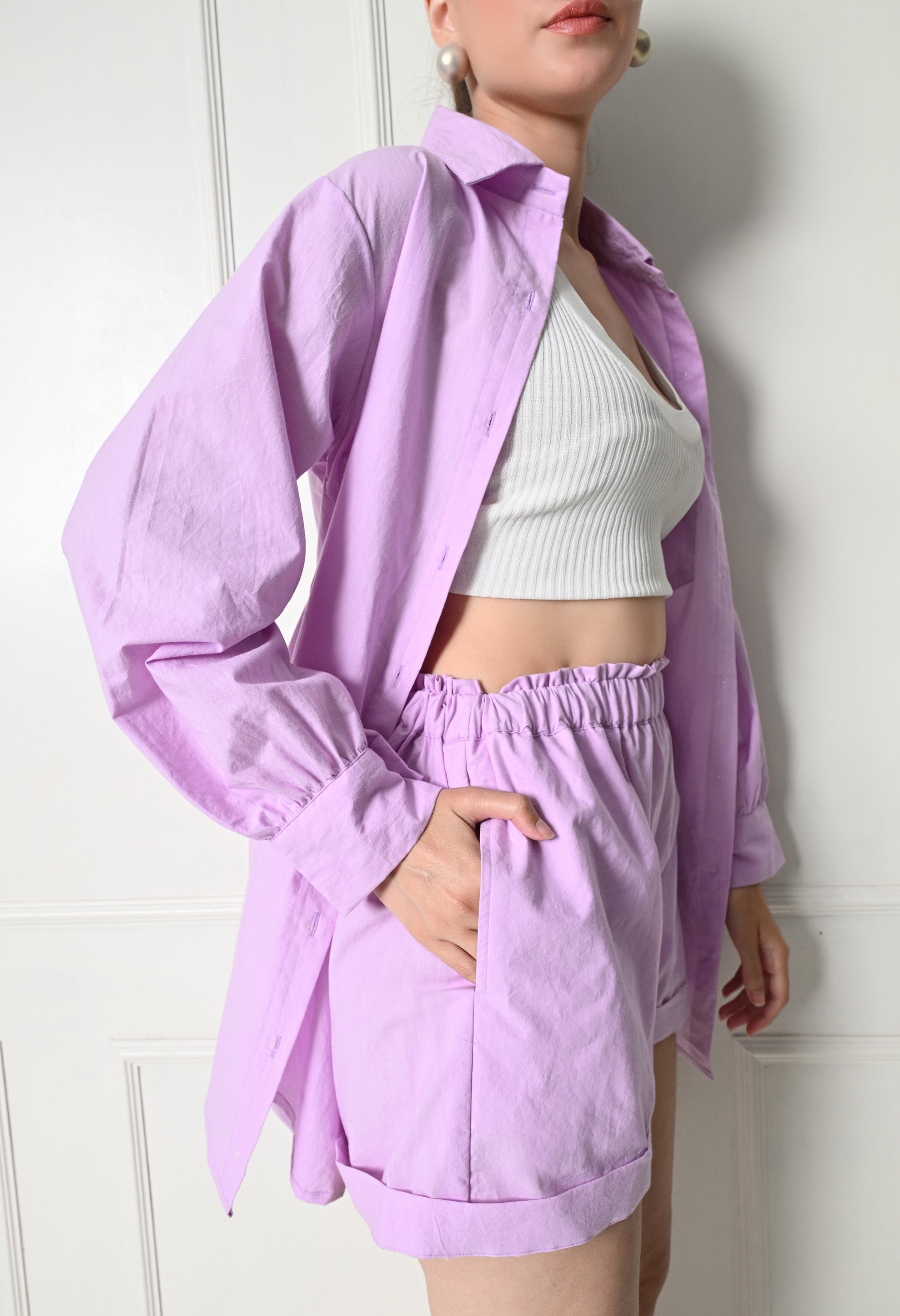 Lilac Organic Cotton Shorts And Shirt Set For Women