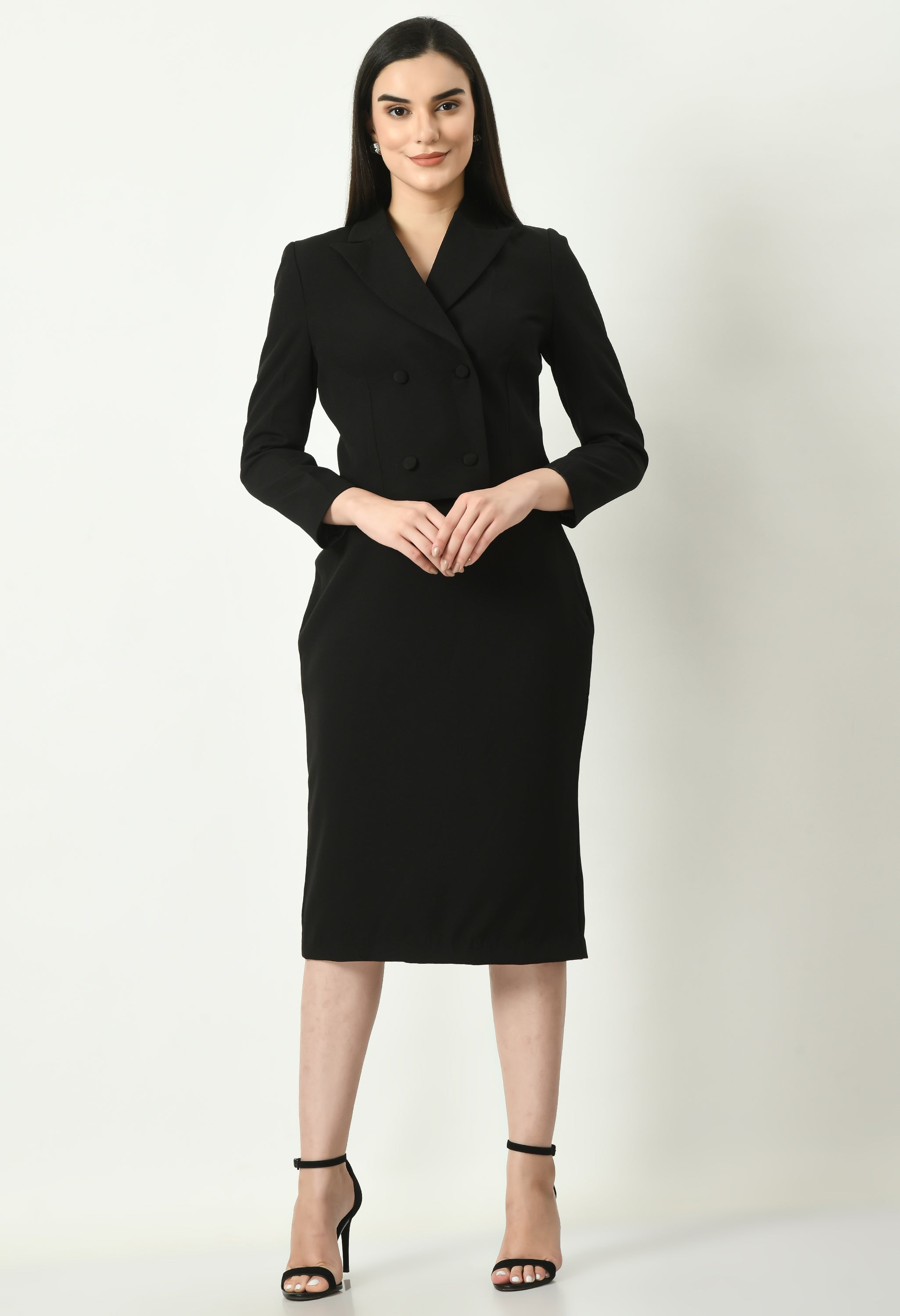 Exude Self-assurance Double-breasted Crop Blazer Top with Pencil Skirt