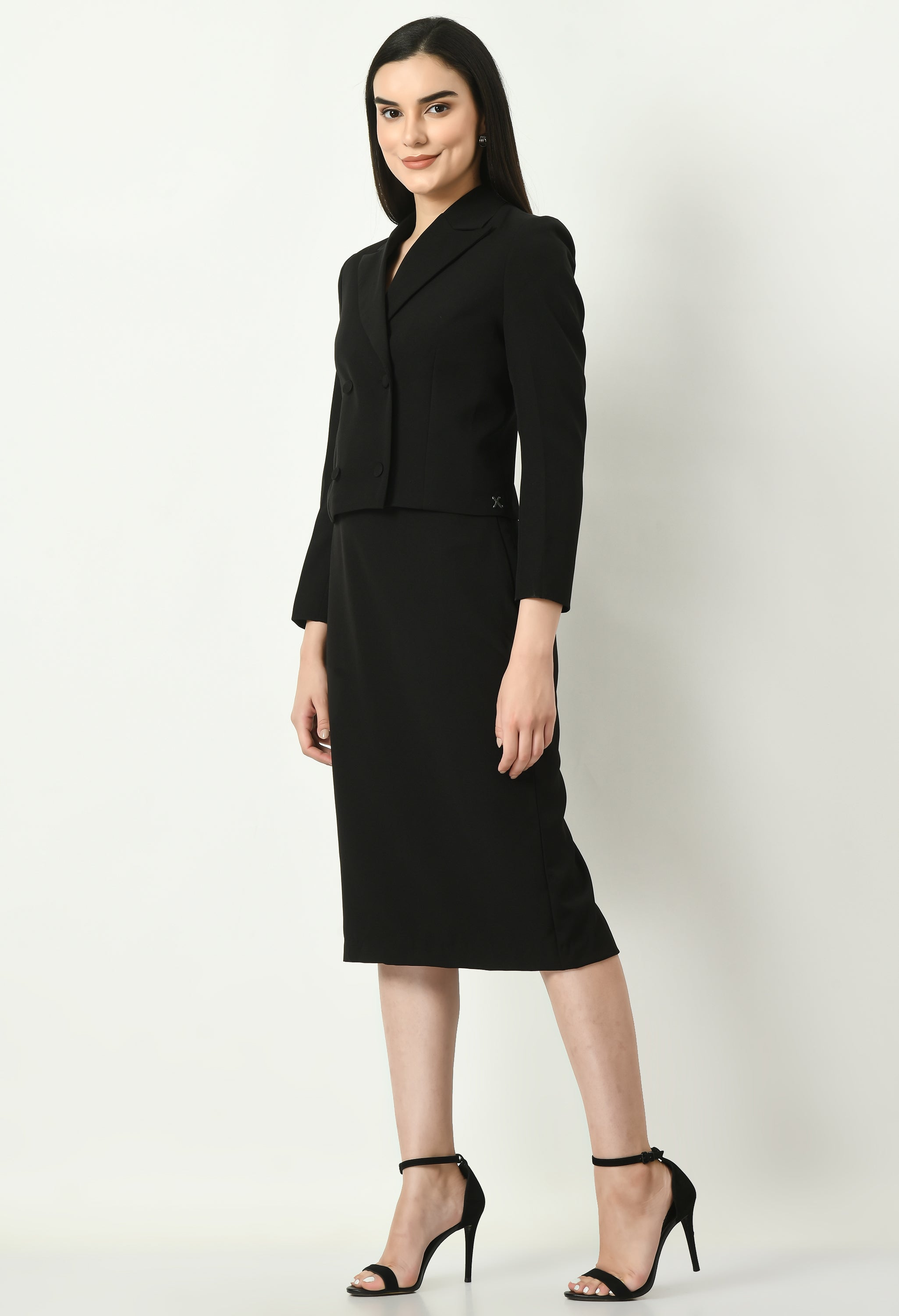 Exude Self-assurance Double-breasted Crop Blazer Top with Pencil Skirt