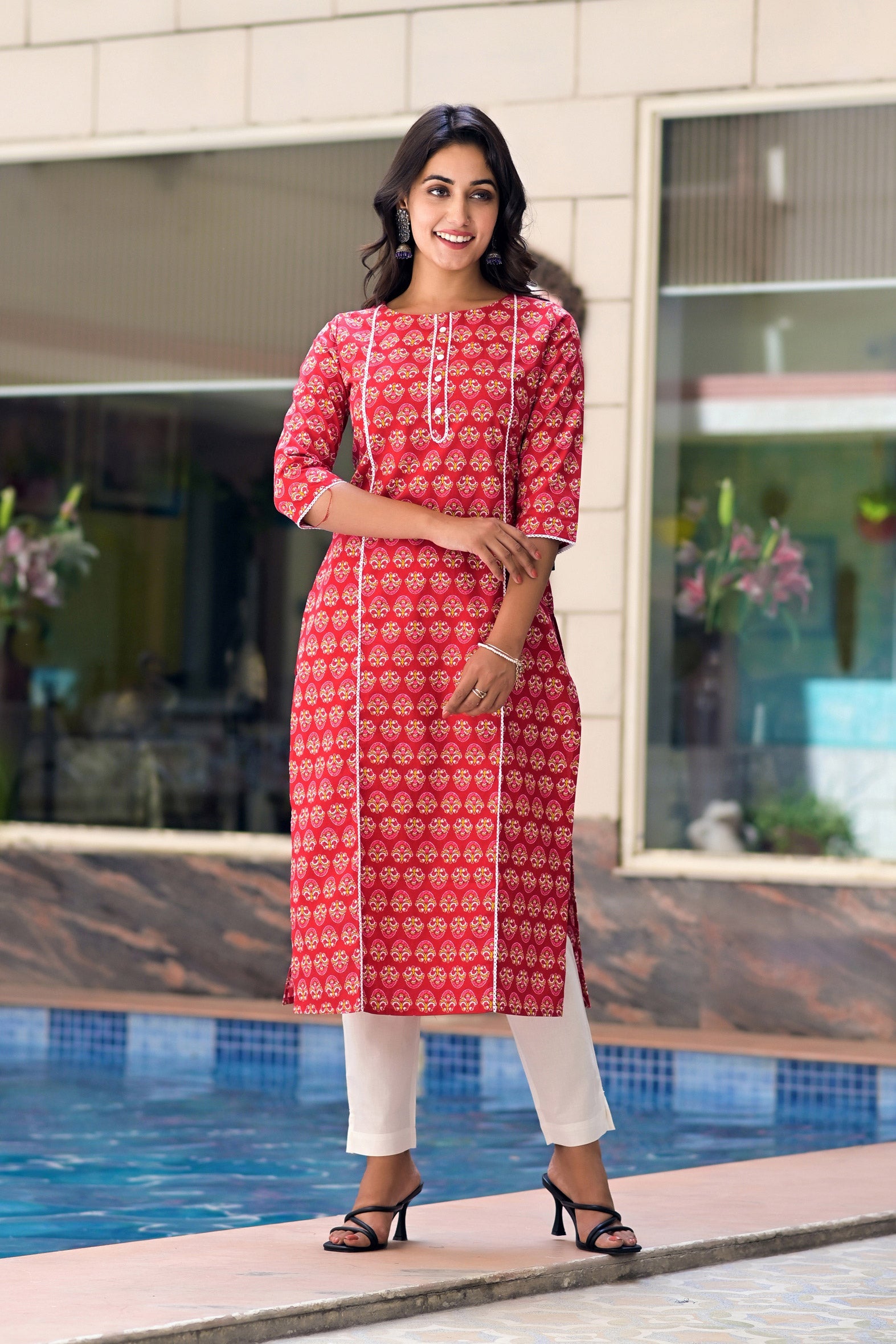 Red Cotton Printed Straight Kurta With White Pant