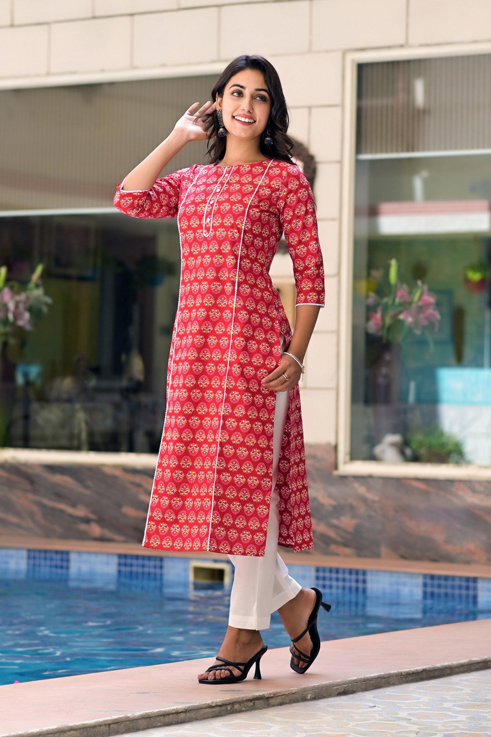 Red Cotton Printed Straight Kurta With White Pant