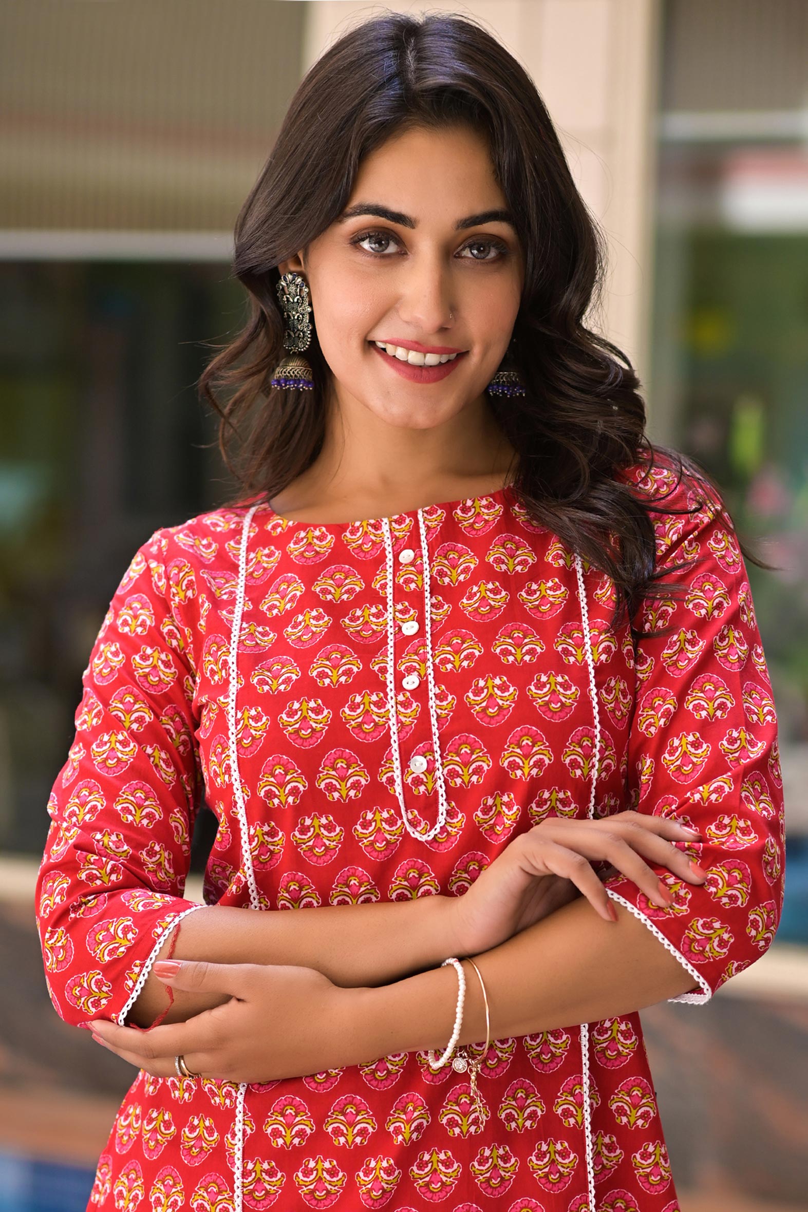 Red Cotton Printed Straight Kurta With White Pant