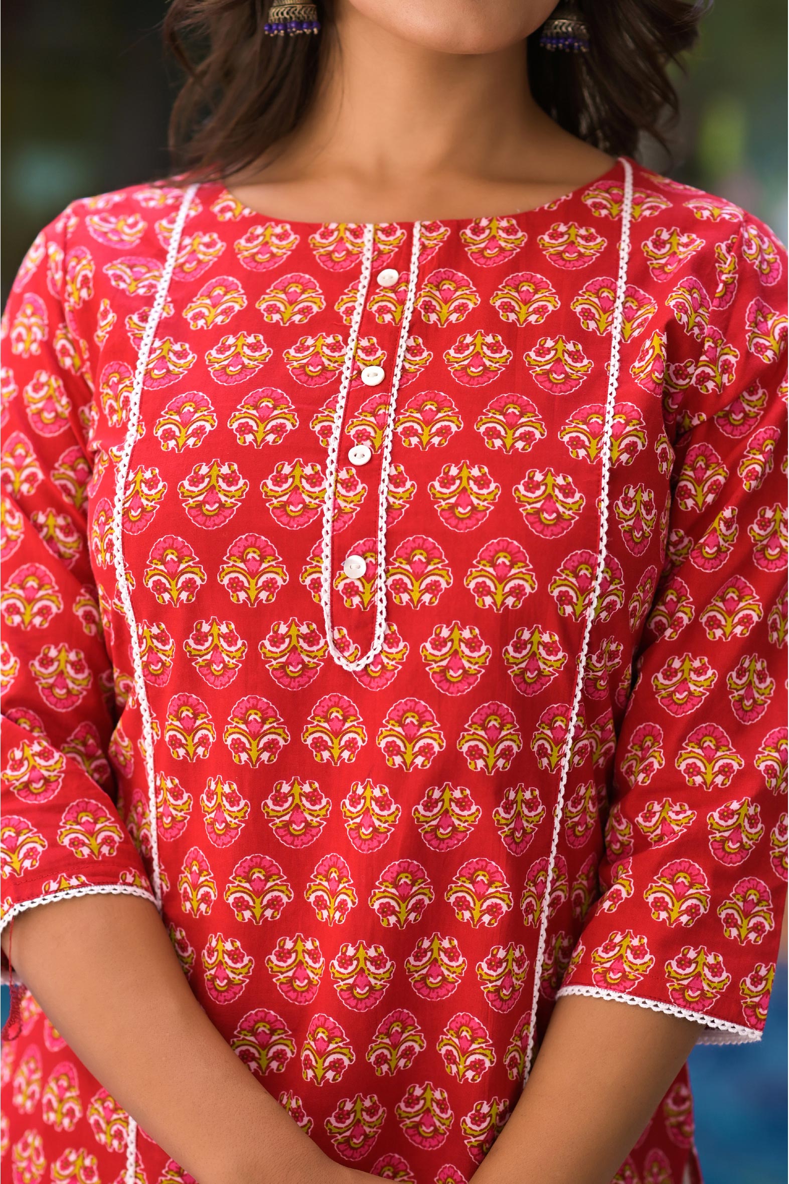 Red Cotton Printed Straight Kurta With White Pant