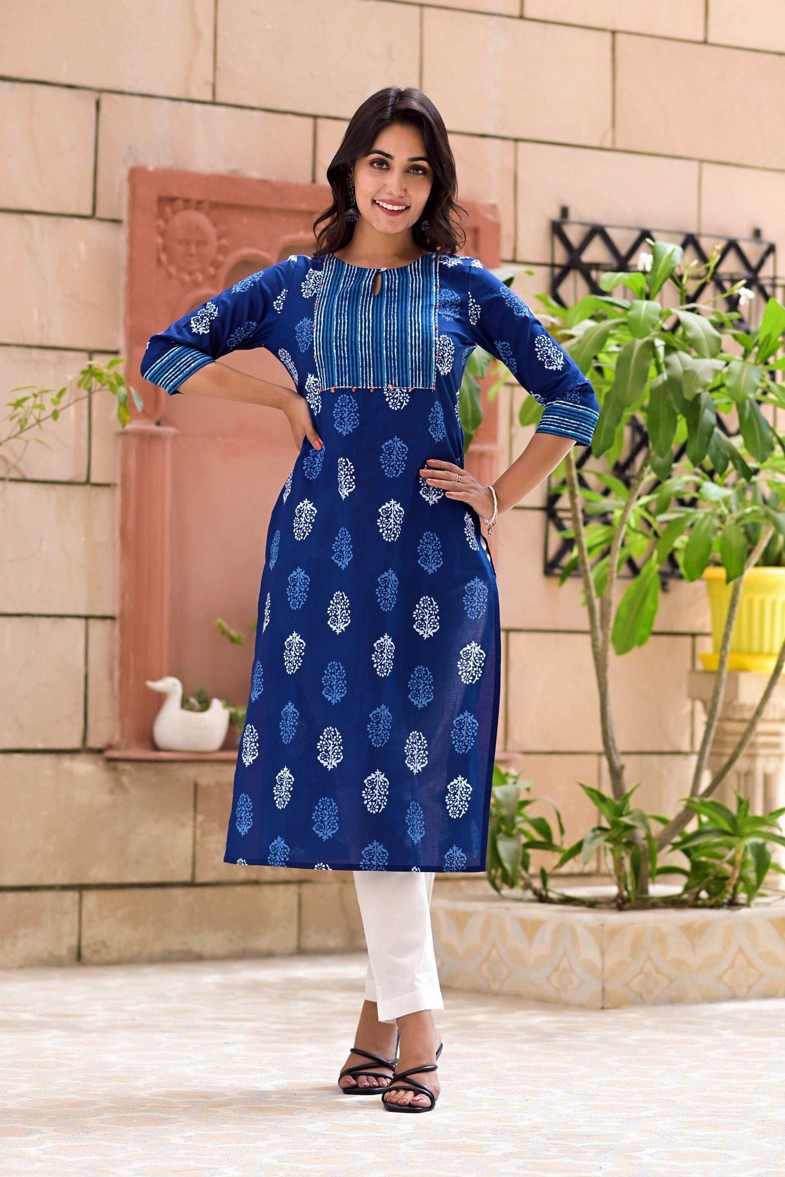 Blue Cotton Block Printed Embroidered Kurta With Pant