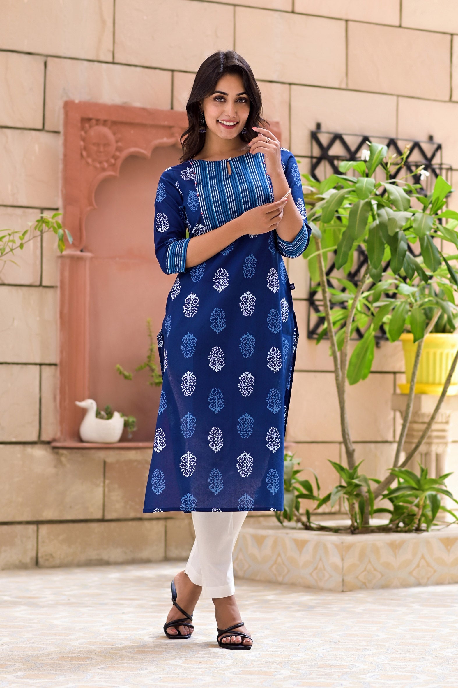 Blue Cotton Block Printed Embroidered Kurta With Pant