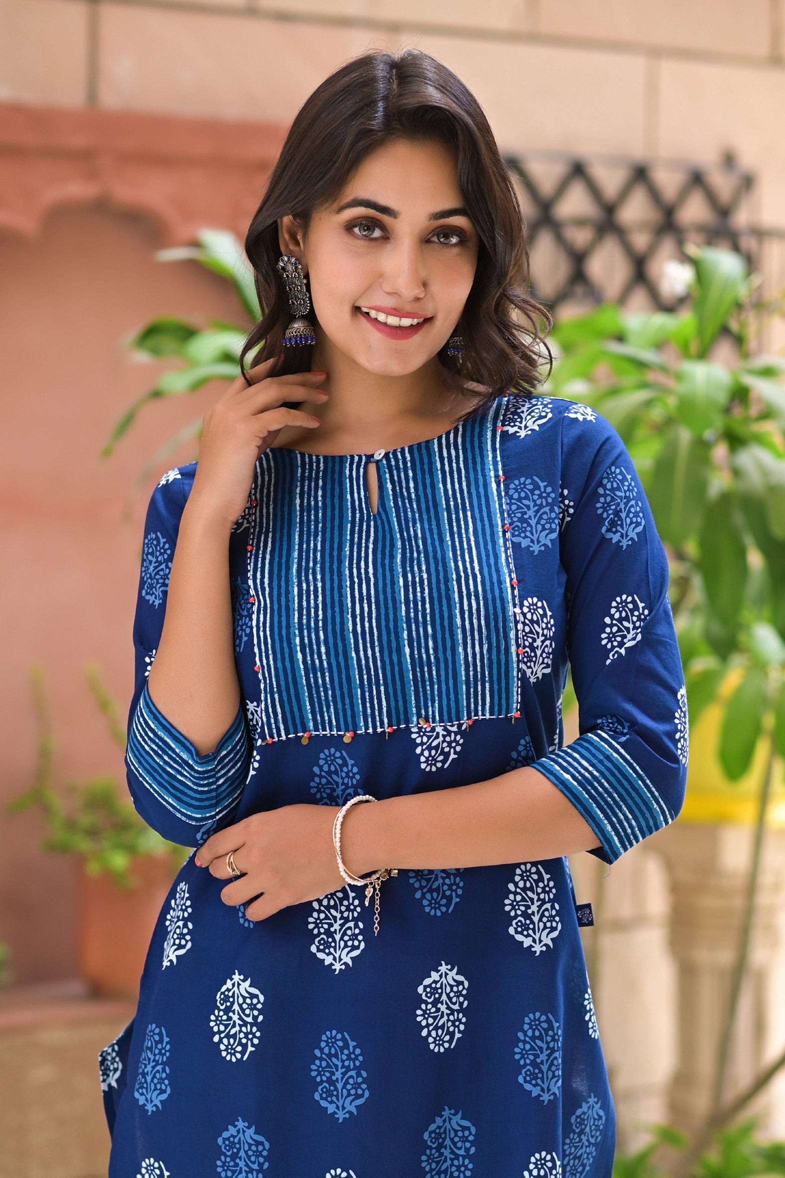 Blue Cotton Block Printed Embroidered Kurta With Pant