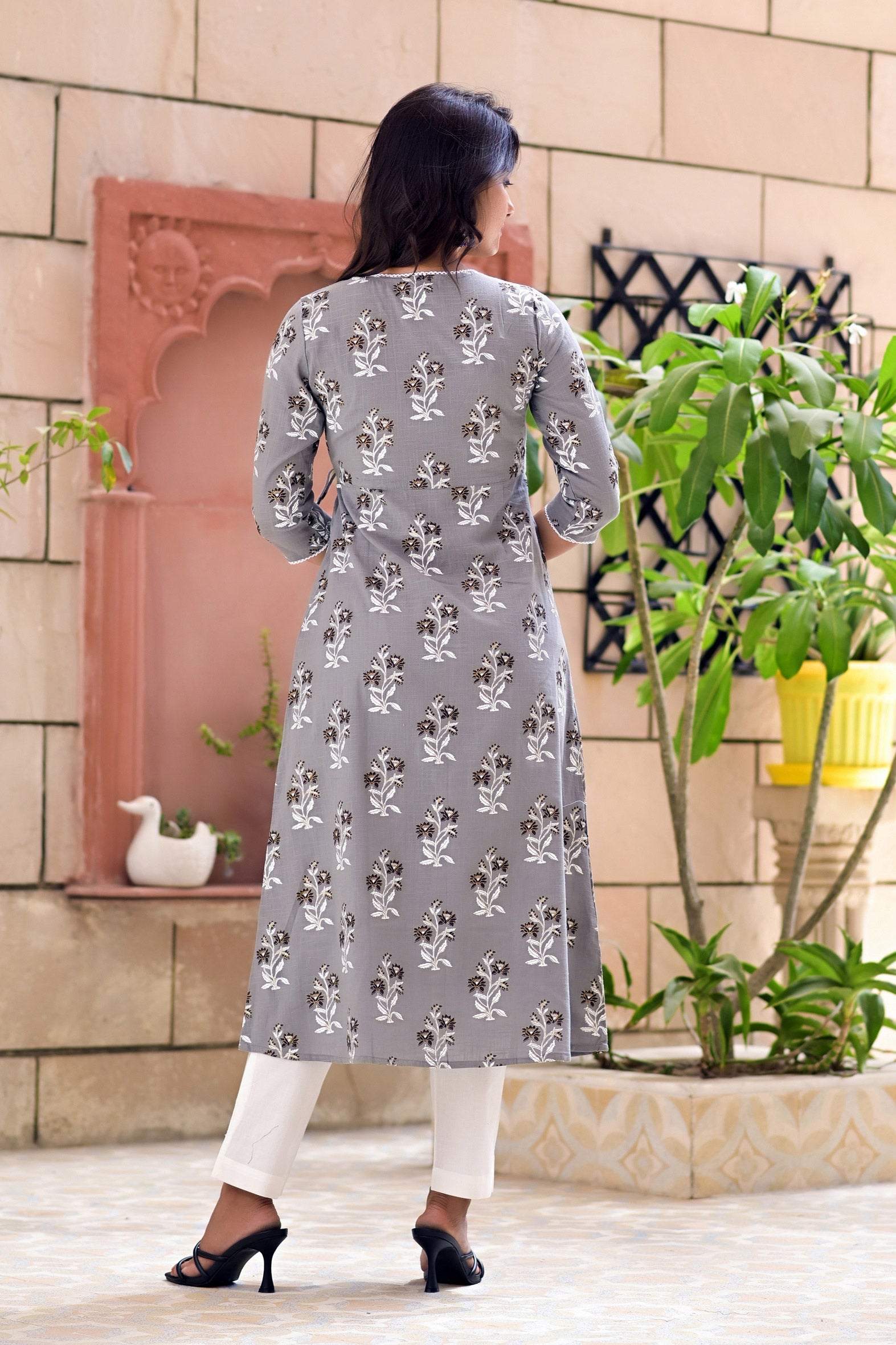 Grey Cotton Boota Printed Angrakha Kurta with White Pants