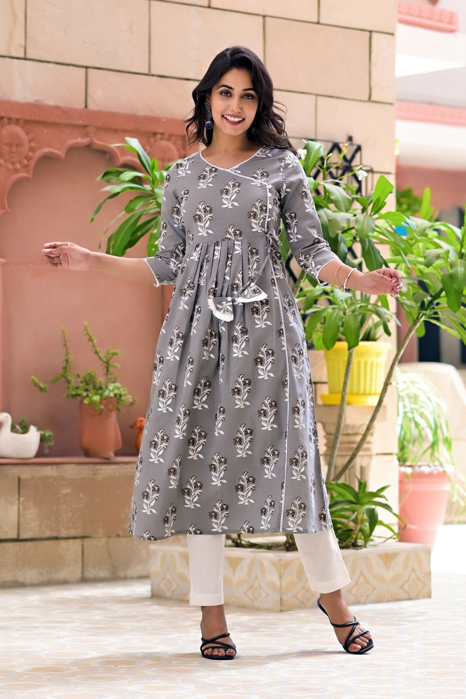 Grey Cotton Boota Printed Angrakha Kurta with White Pants