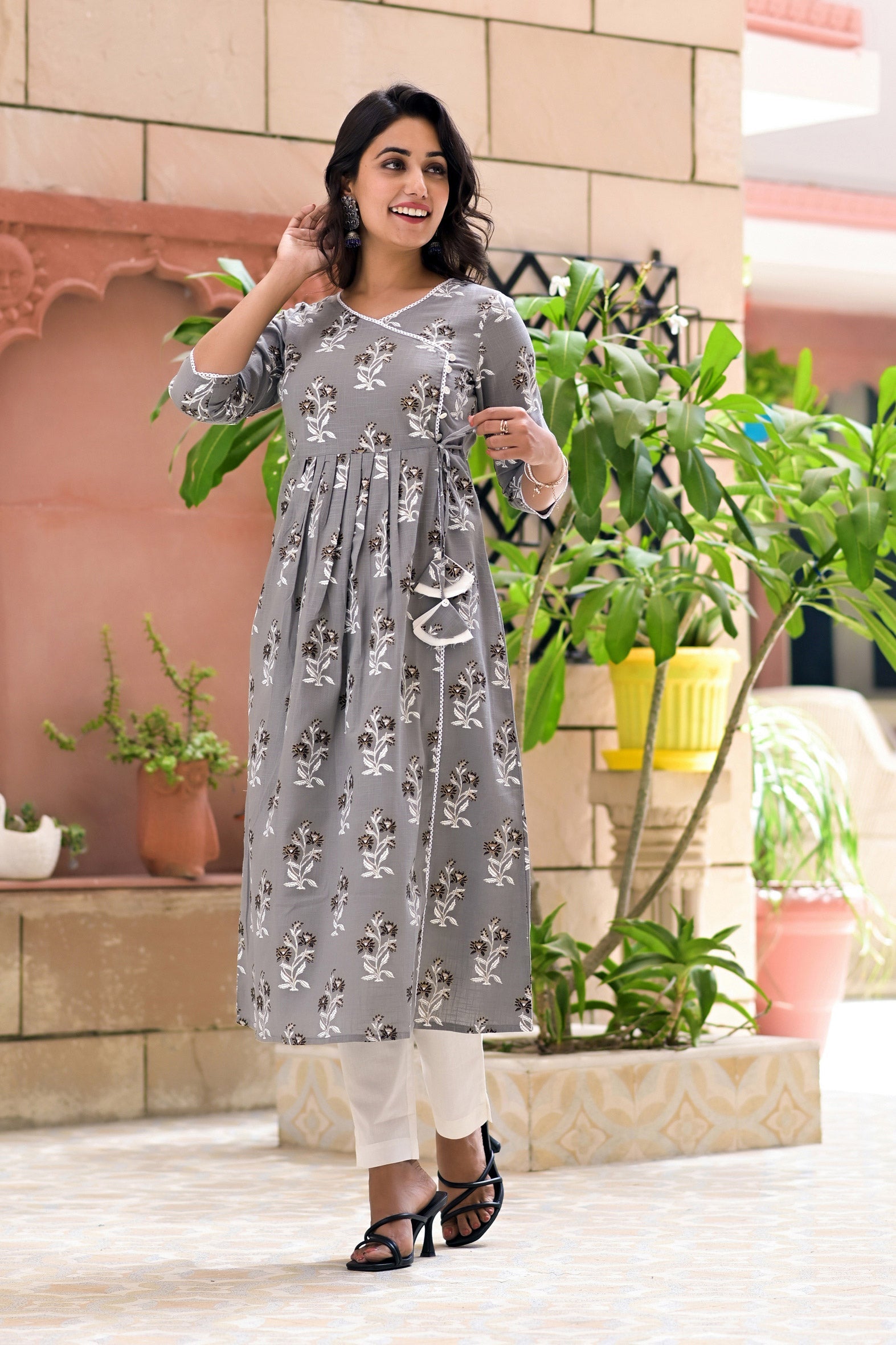 Grey Cotton Boota Printed Angrakha Kurta with White Pants