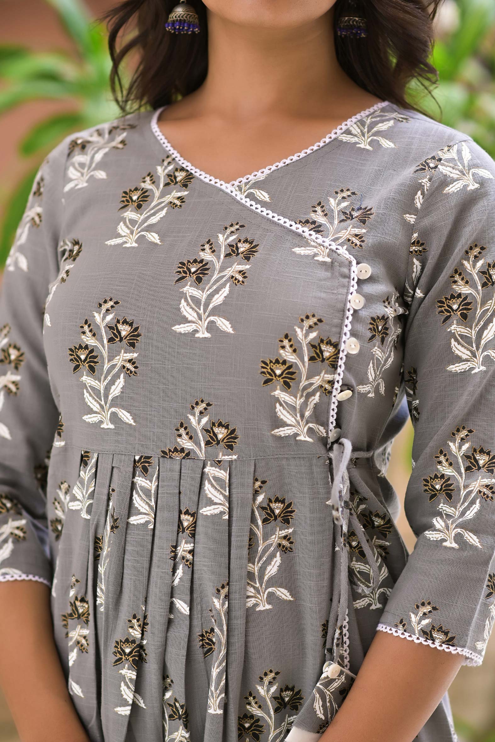 Grey Cotton Boota Printed Angrakha Kurta with White Pants